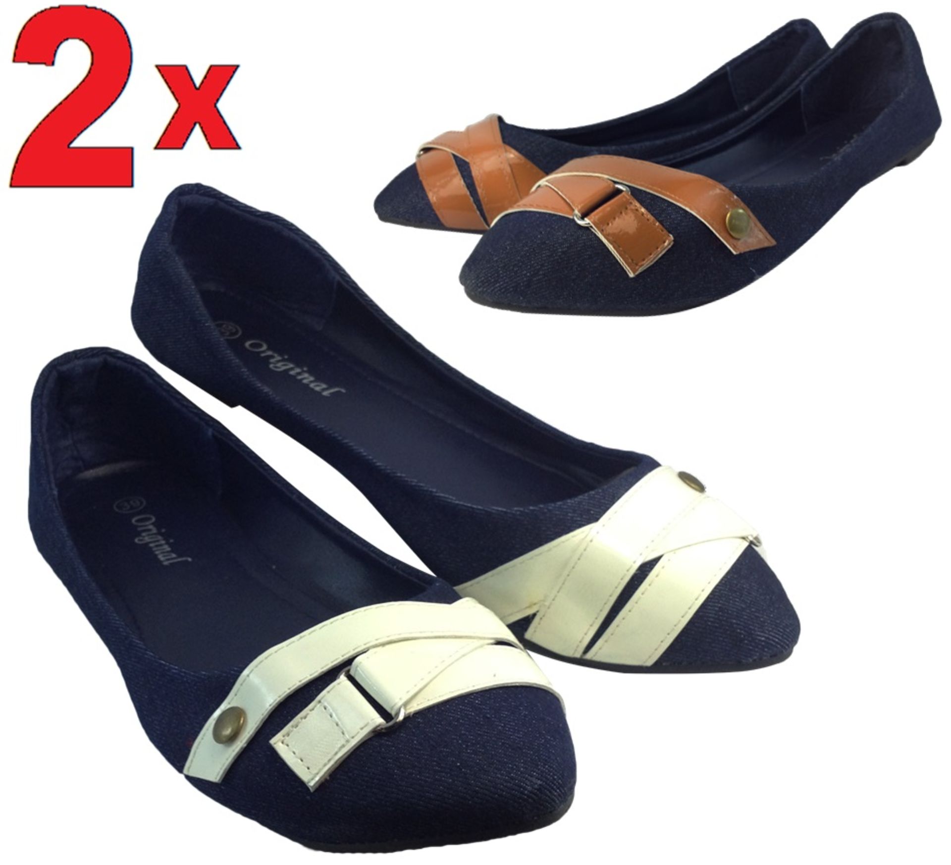 2x Ladies Dolly Flat Shoes - Denim Blue Colour Design for Summer Holiday Office with Red & Purple