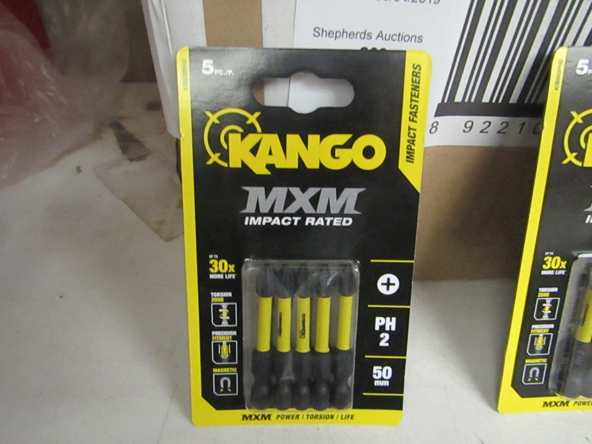 Pack of 5x Extra Length Kango MXM Impact rated PH2 driver bits in packaging, new