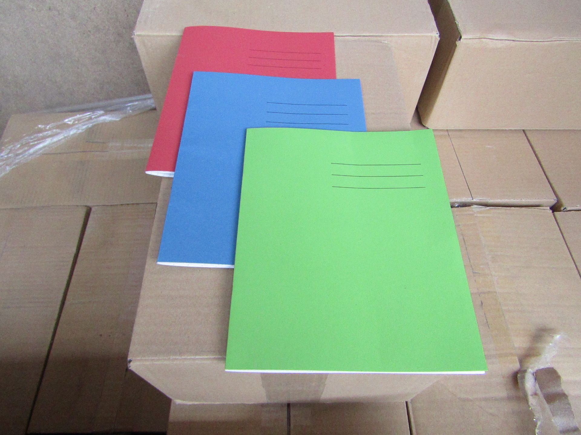 Box of approx 100 Exercise Books color may vary, new and sealed in box