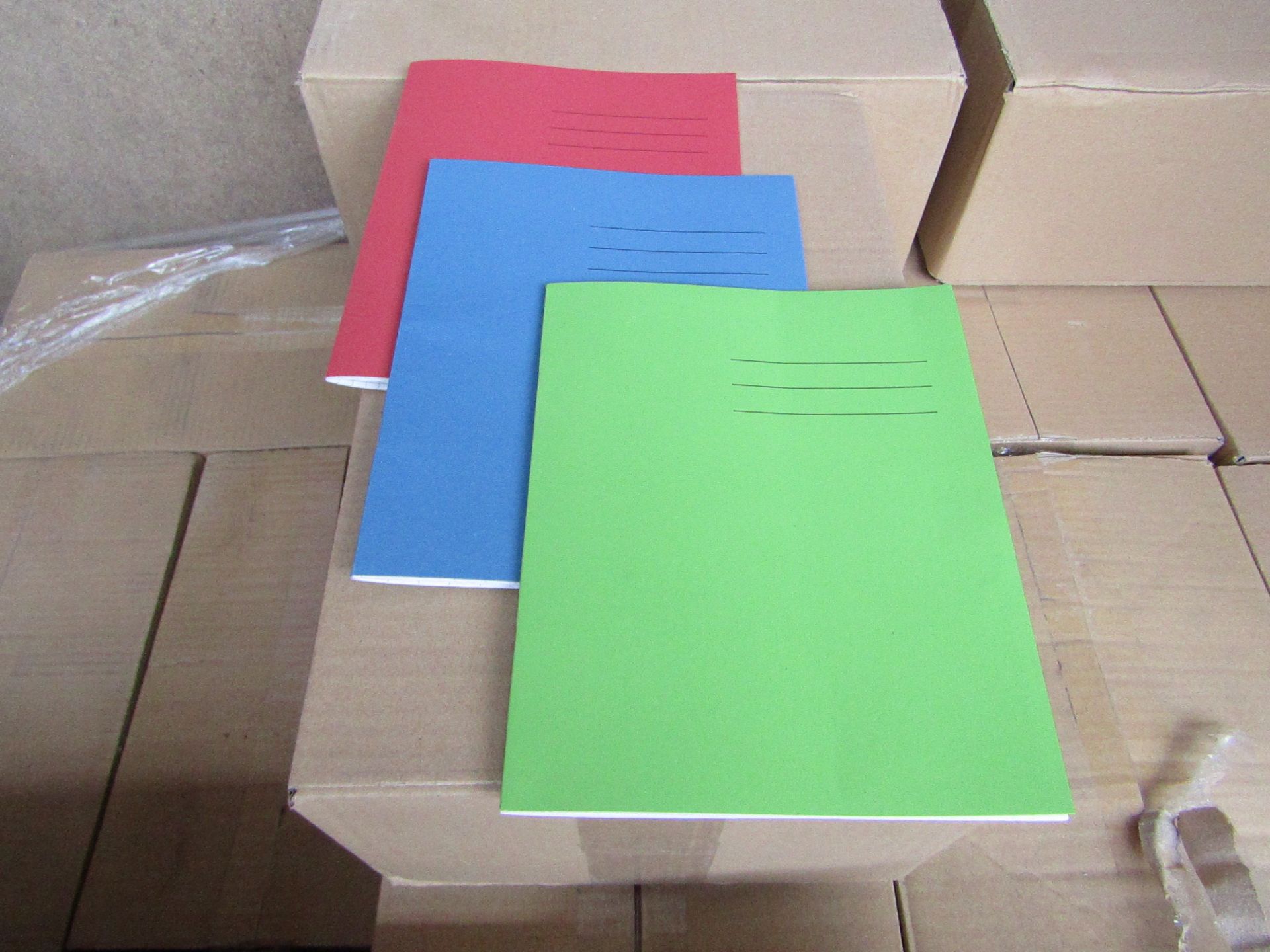 Box of approx 100 Exercise Books color may vary, new and sealed in box