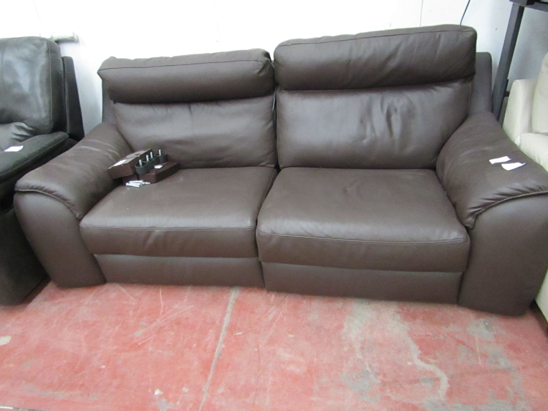 Calia 2 seater electric reclining brown Italian leather sofa, one side works but the other has a