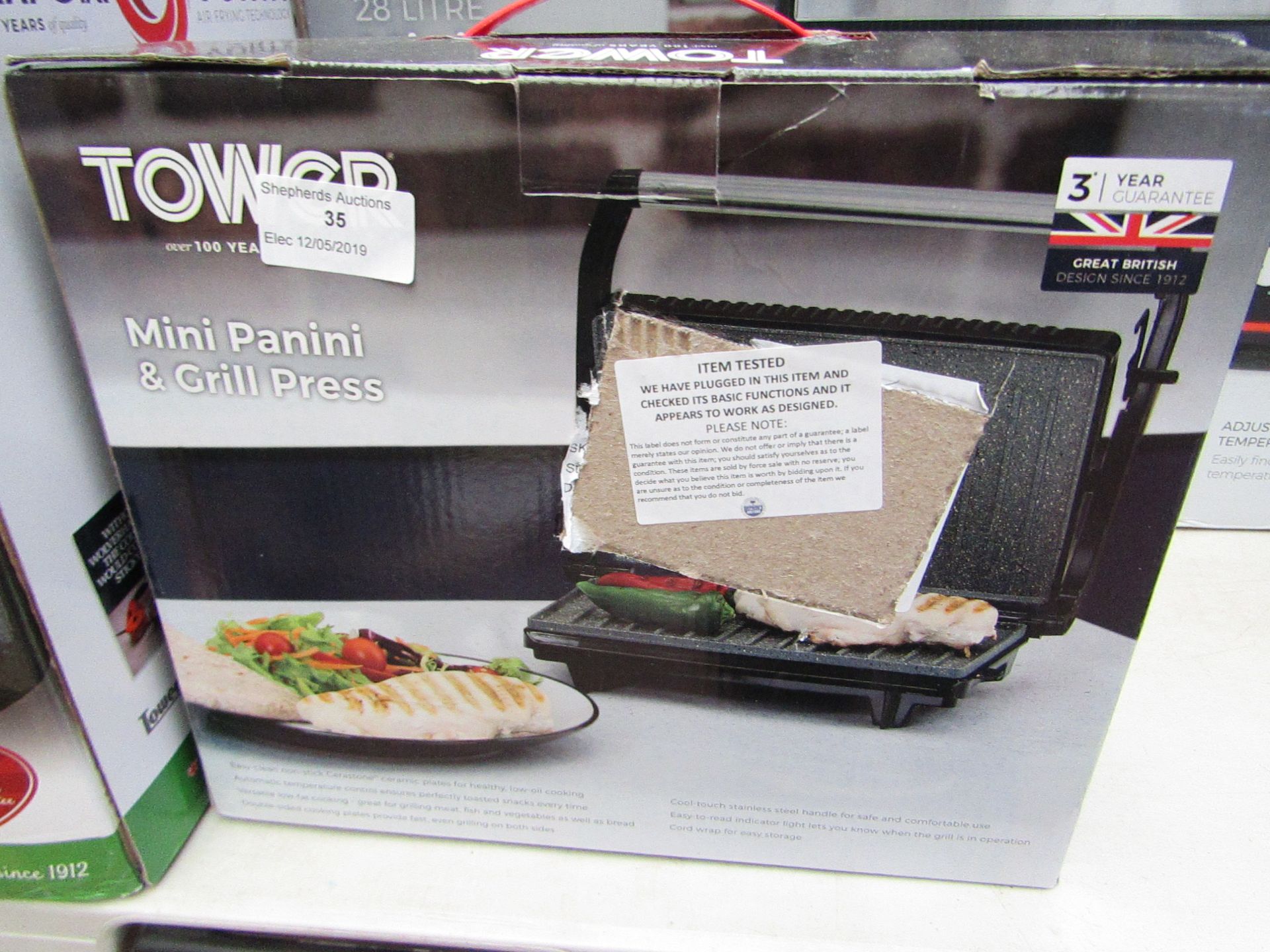Tower panini maker and grill press powers on and boxed