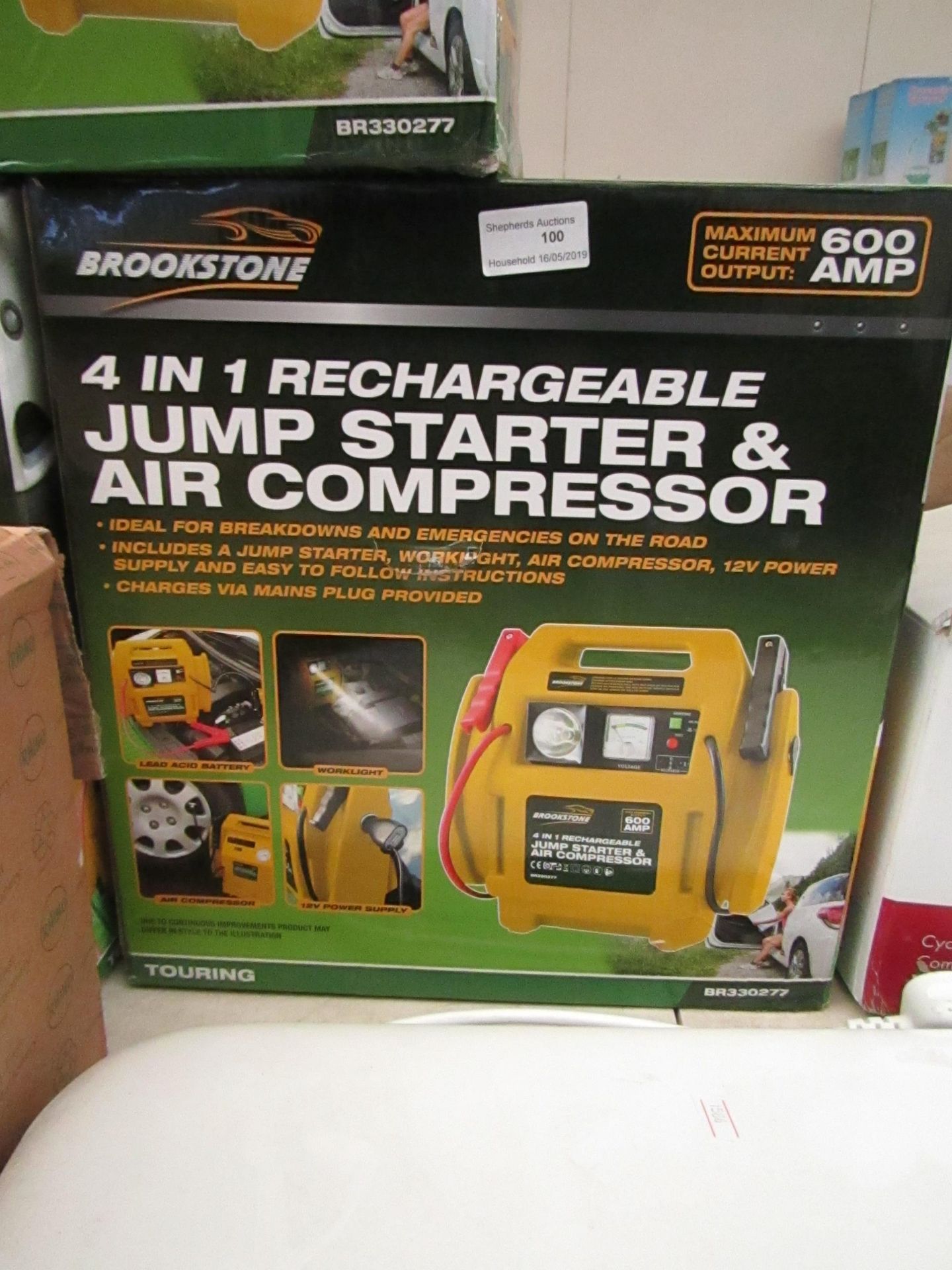 Brookestone 4 in 1 rechargeable jump starter and air compressor, untested and boxed.