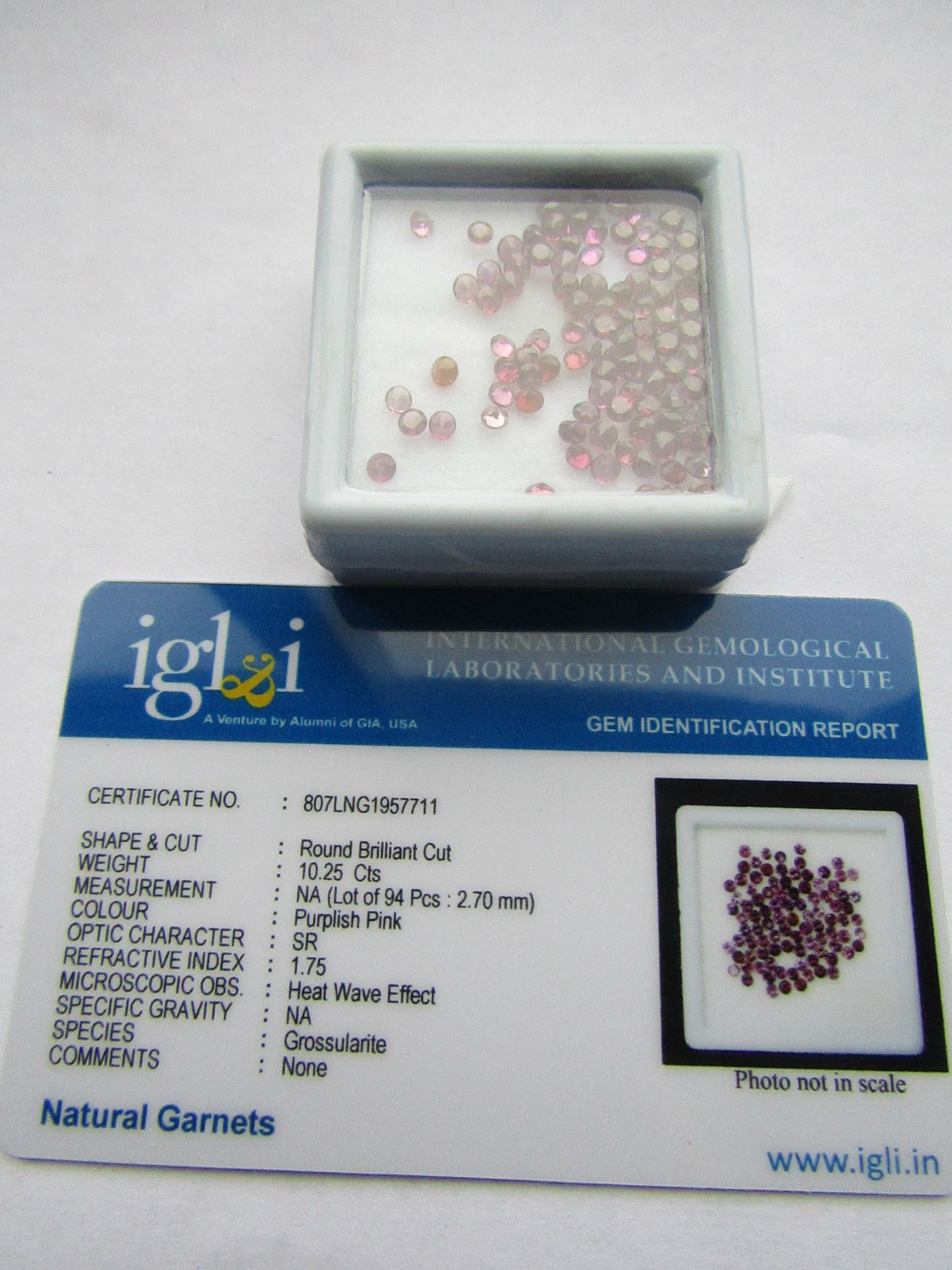 IGL&I Certified 10.25 carat 94 pieces Grossularite Garnet Gemstones.  Colour Purplish Pink: A