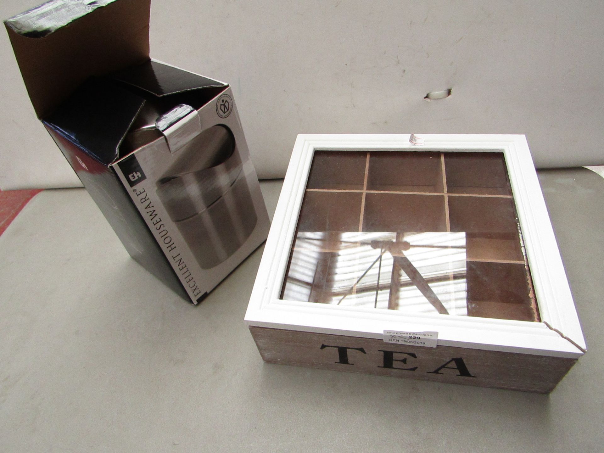 2 items being Excellent Houseware Stainless Steel Mini Waste bin boxed & Tea Storage Box (needs