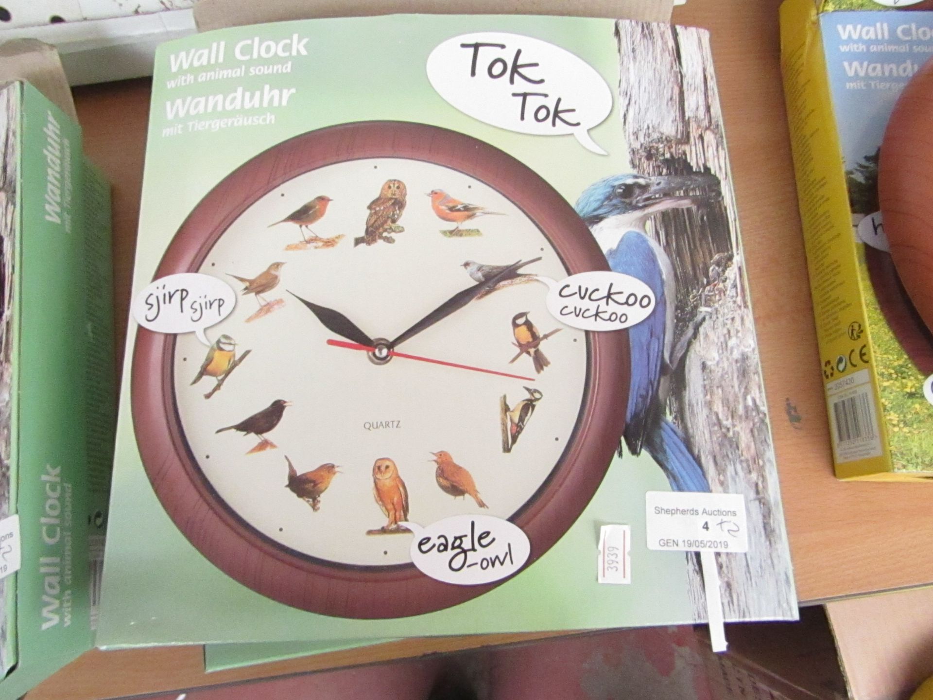 2 x Wall Clock with Animal sounds 25 cm packaged (battery casing needs gluing back in place) see