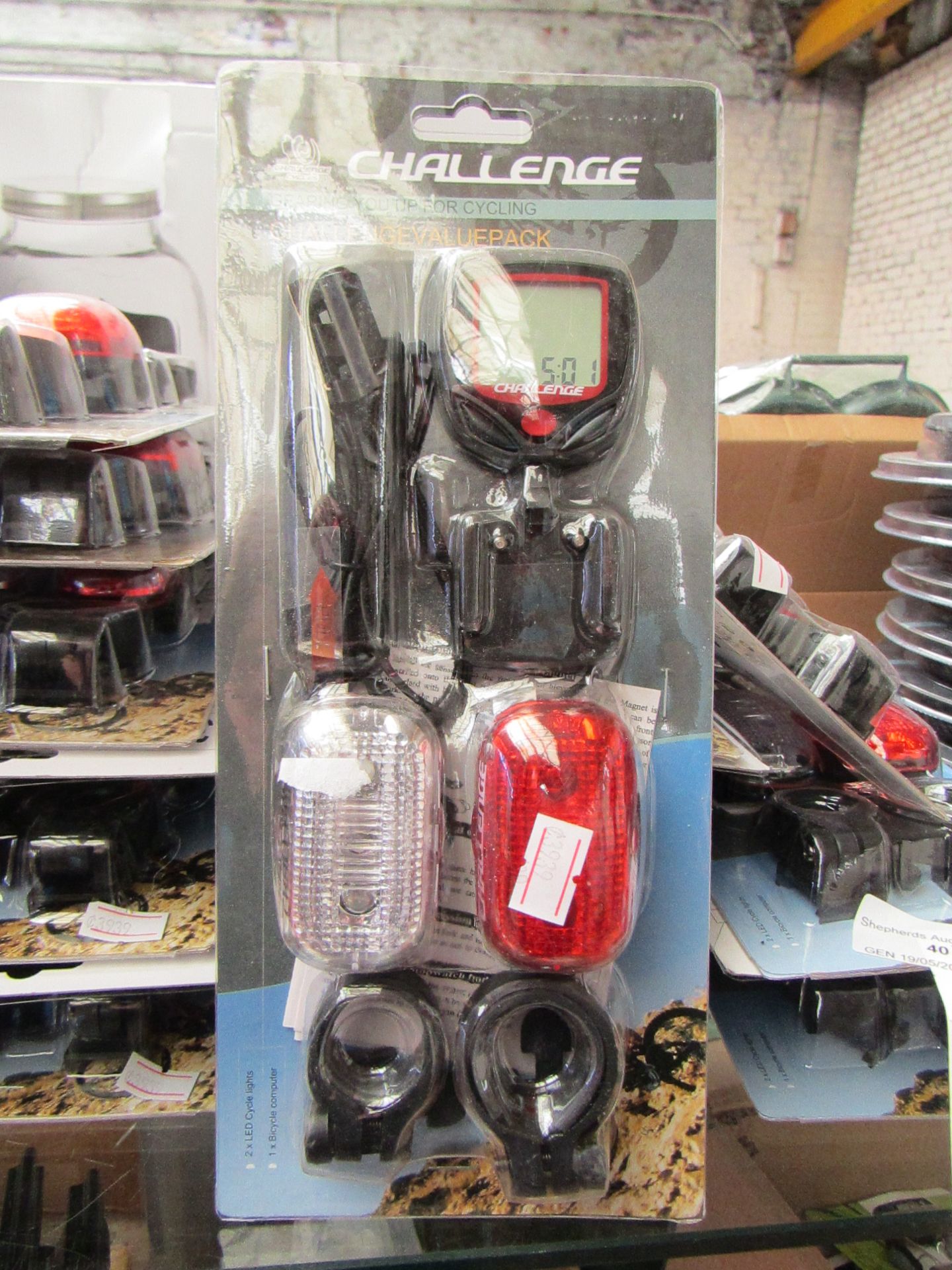 2 x Challenge Bike Light Sets inc.. 2 X LED Cycle lights 1 X Bicycle Computer new & packaged