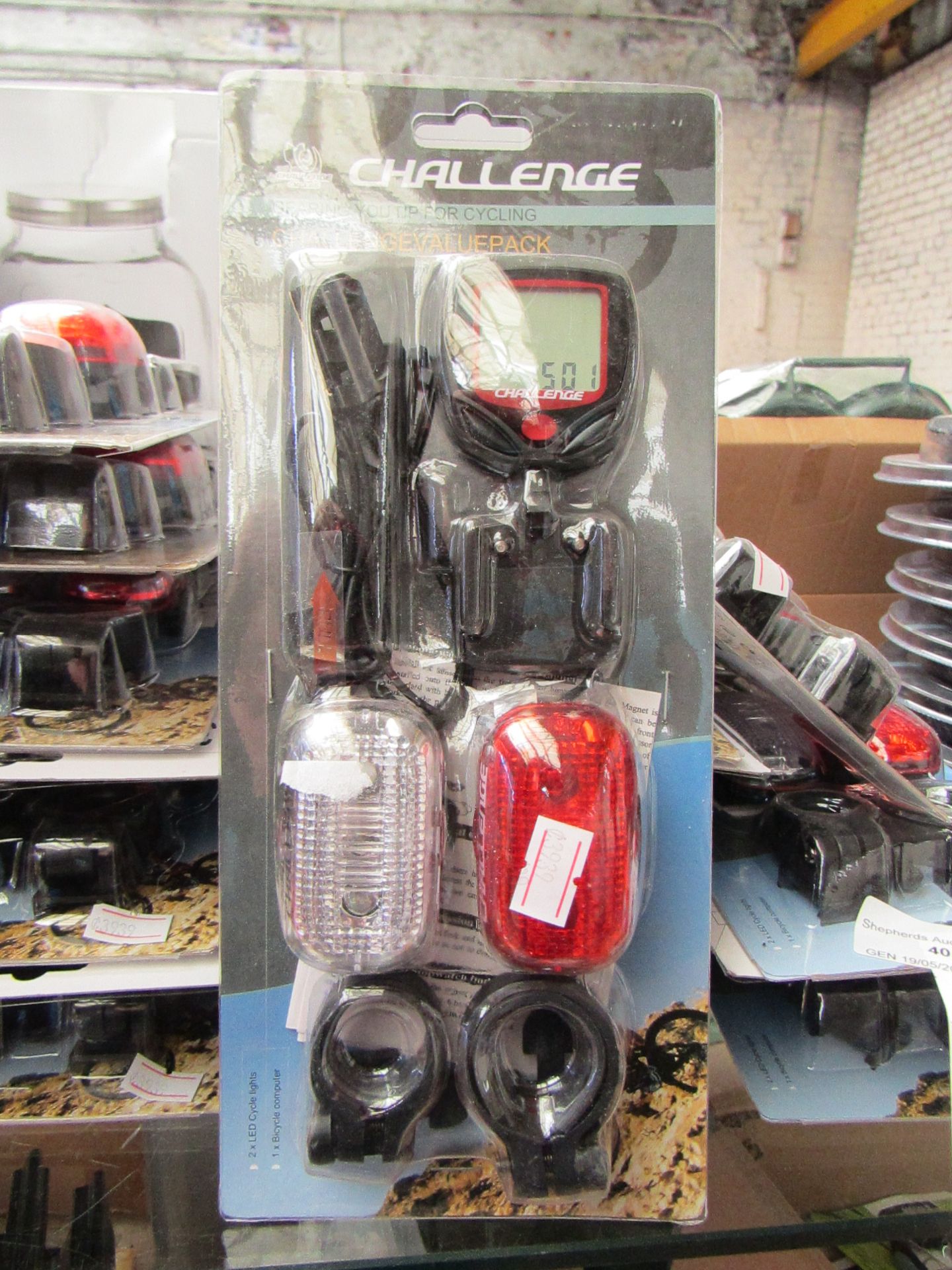2 x Challenge Bike Light Sets inc.. 2 X LED Cycle lights 1 X Bicycle Computer new & packaged