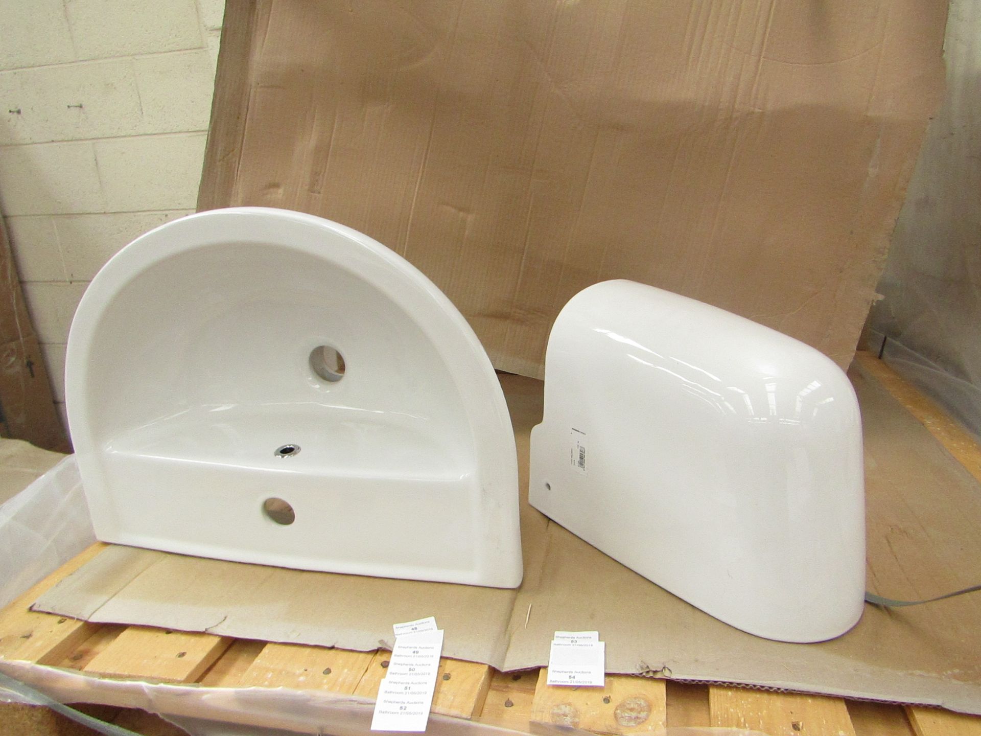 Lecico Remini 50cm 1 tap hole basin with Remini semi pedestal, unused and boxed