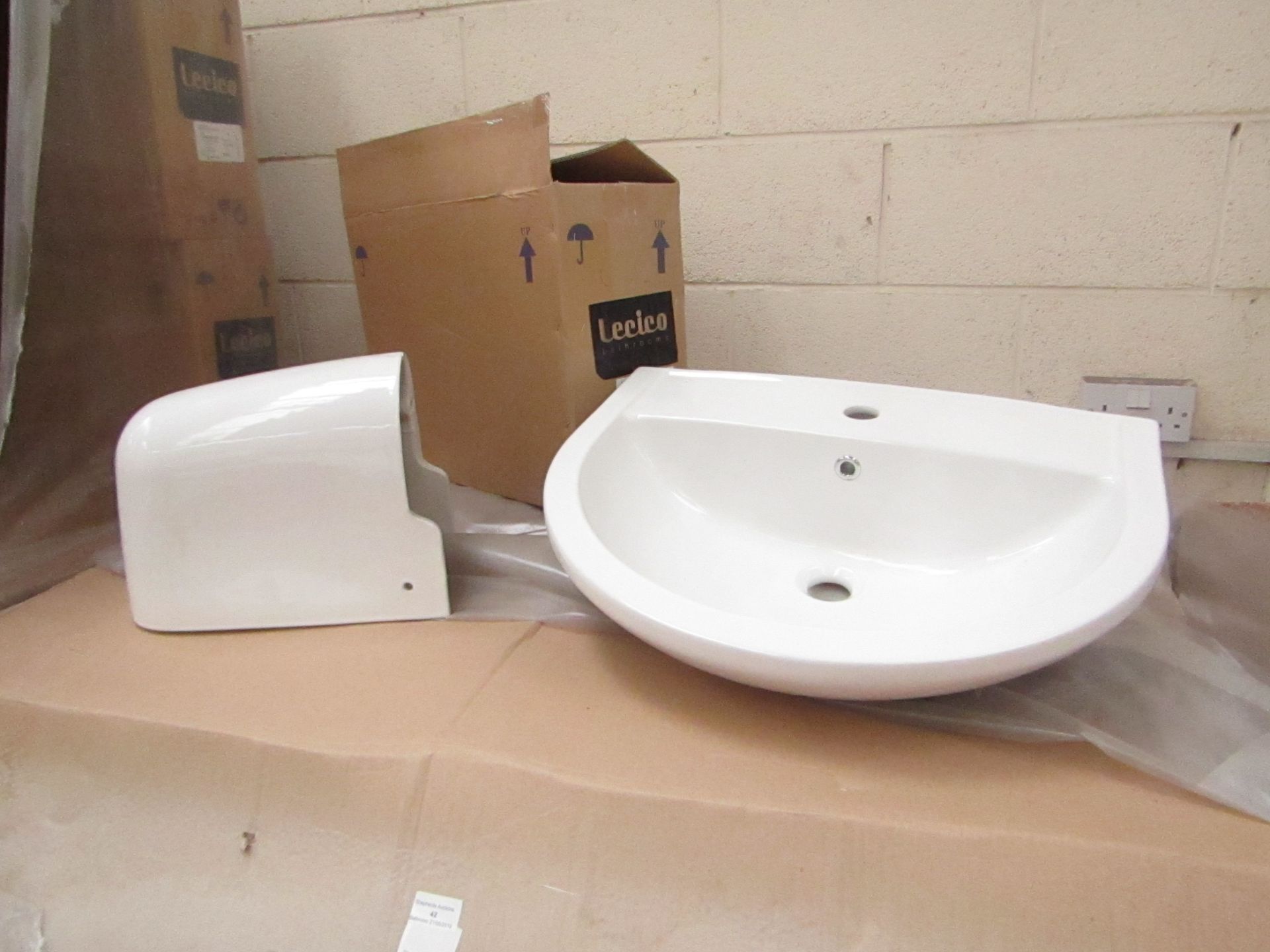 Lecico Remini 59cm 1 tap hole basin with Remini semi pedestal, unused and boxed