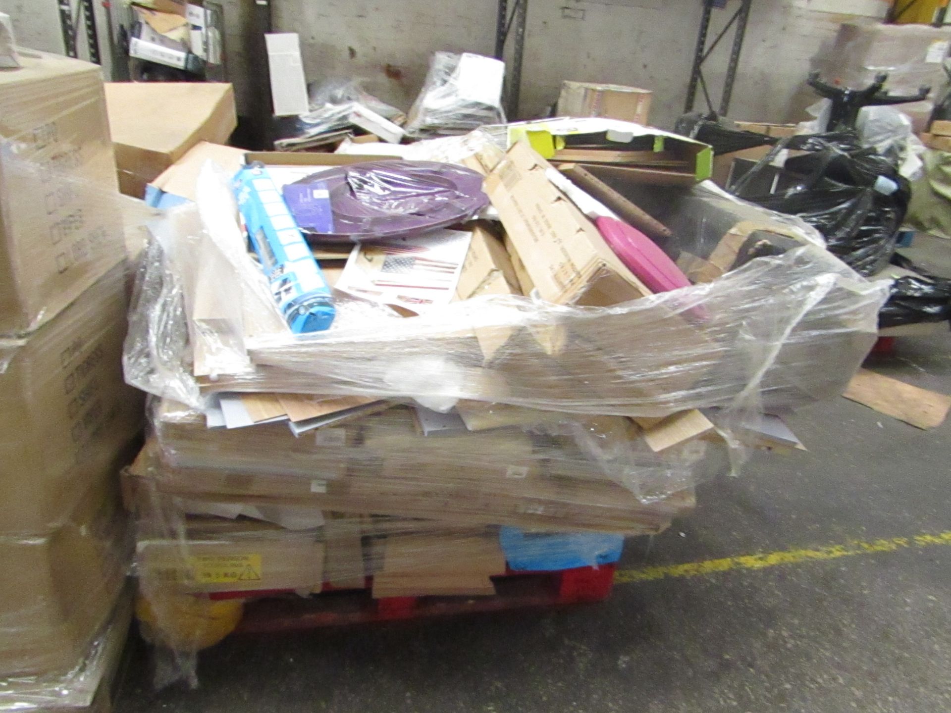 Pallet of Flat pack Furniture, some loose and some still boxed, most looks to be shelving units
