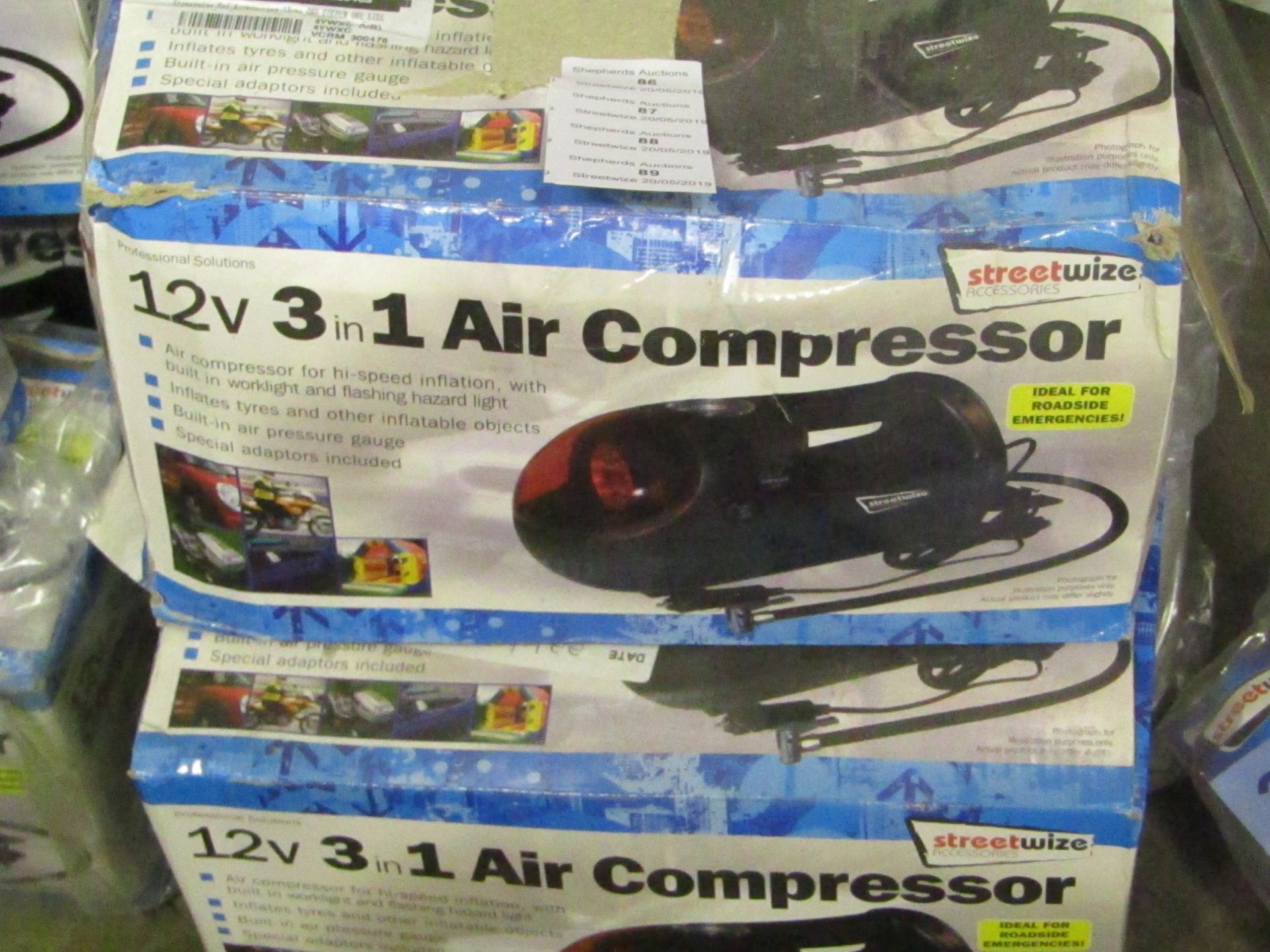 Streetwize 12v 3 in 1 air compressor, unchecked and boxed.