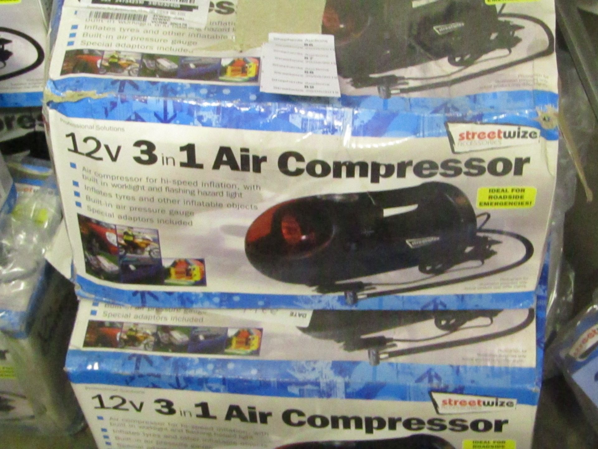 Streetwize 12v 3 in 1 air compressor, unchecked and boxed.