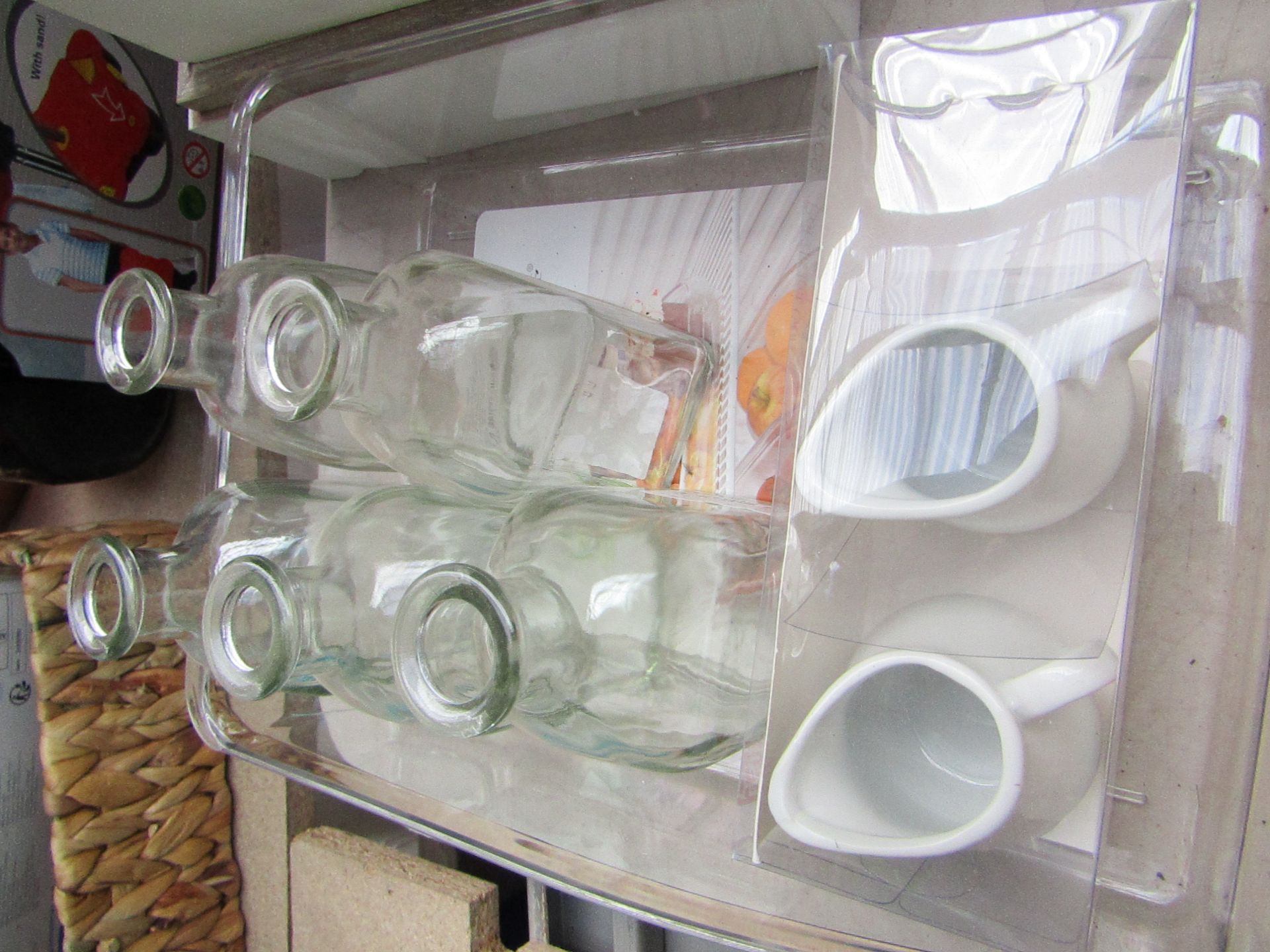 7 X Various items being, 5 X Small glass bottles,set of 2 small milk jugs,1 X Plastic fridge tray