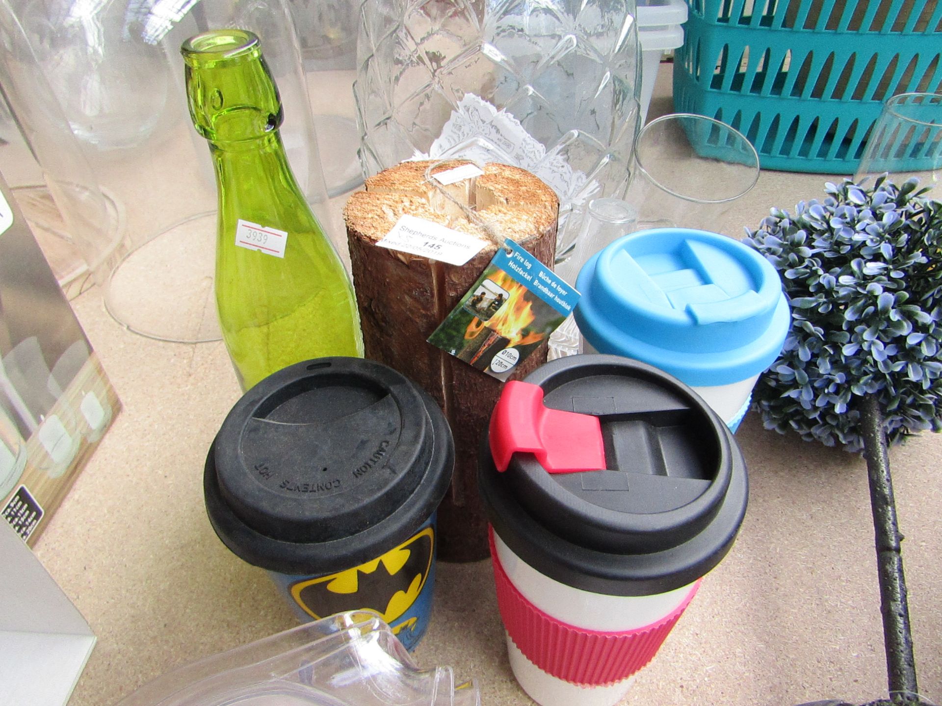 5 items being 3 X Drinking cups ( see Picture ), Fire Log Candle & Green Glass Bottle