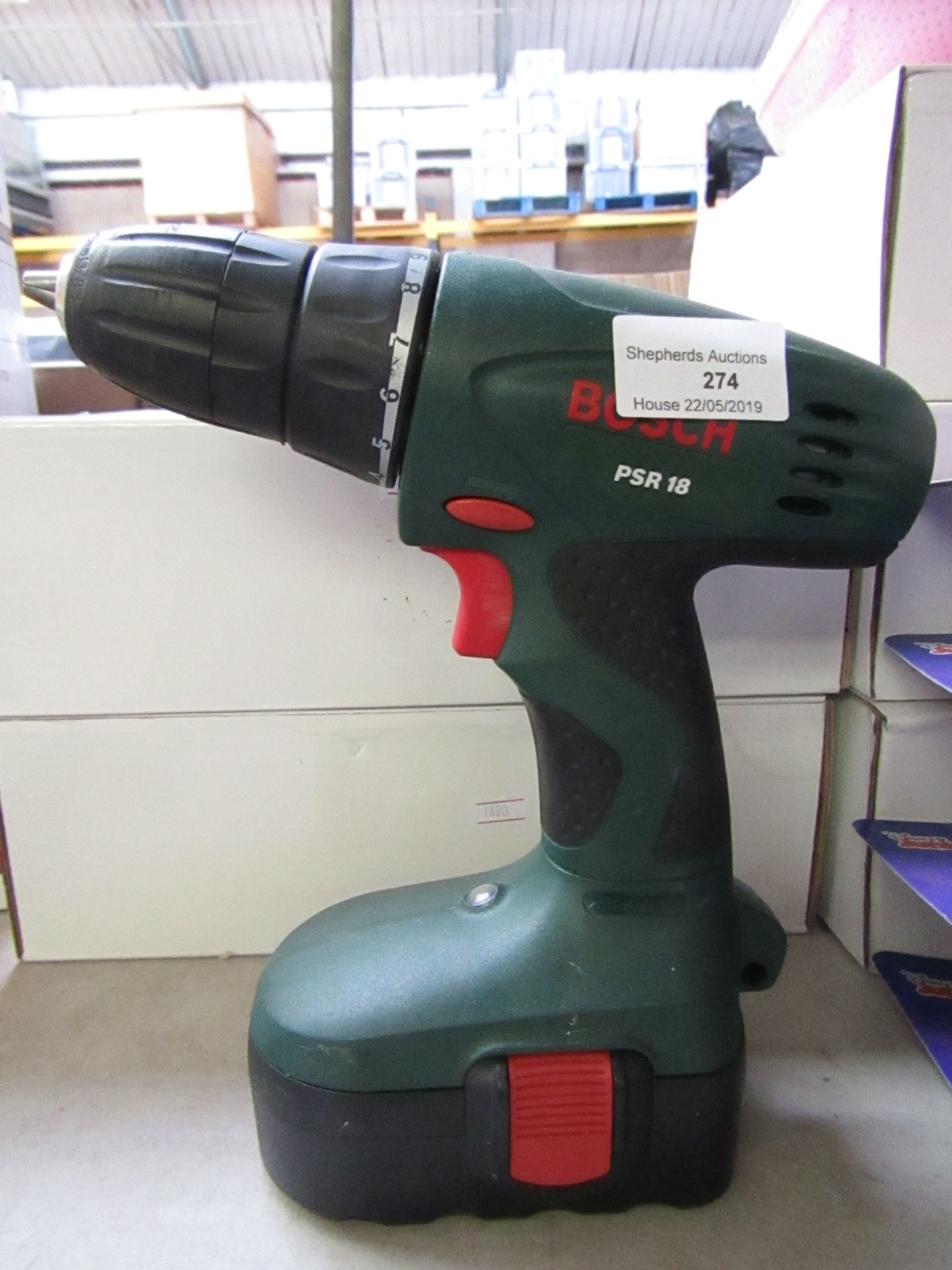 Bosch PSR18 cordless drill, tested working with battery but no charger.