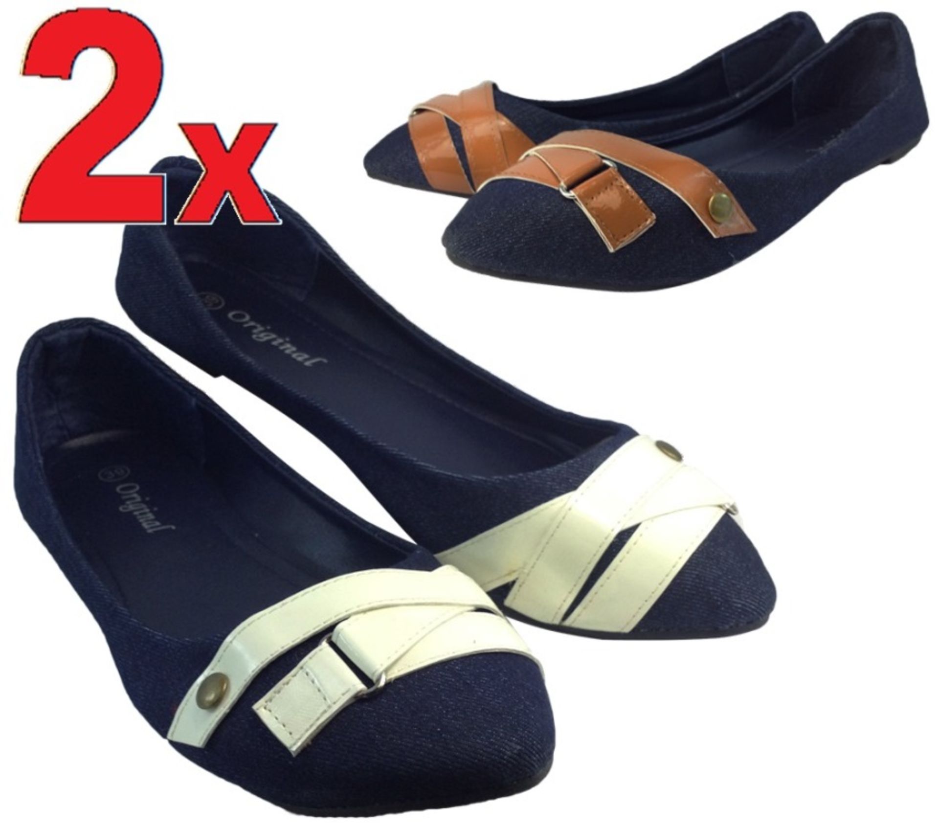 2x Ladies Dolly Flat Shoes - Denim Blue Colour Design for Summer Holiday Office with White & Brown