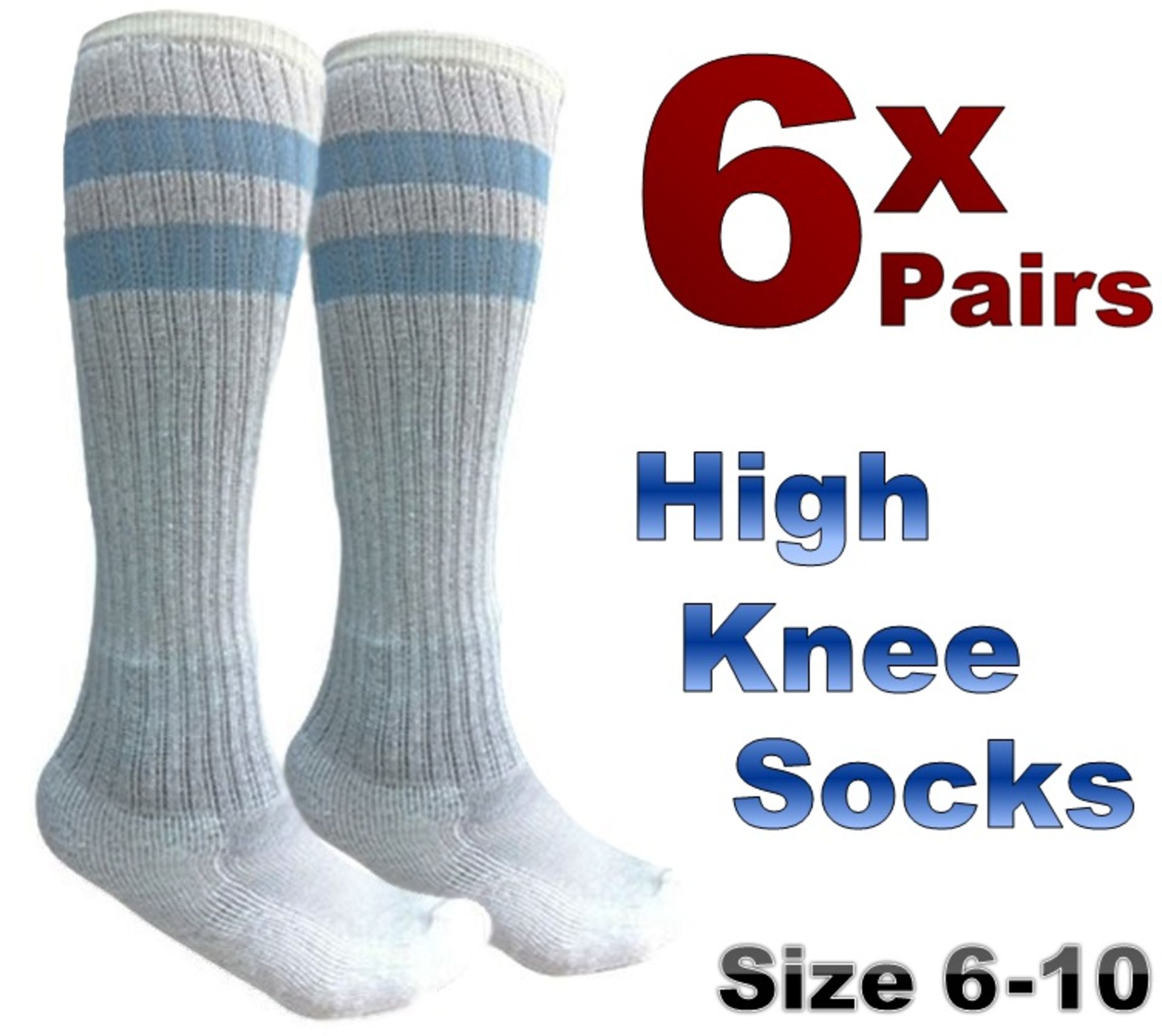 6x pairs High Knee Long Green Stripe White Colour Socks - suitable for Football Soccer Rugby and