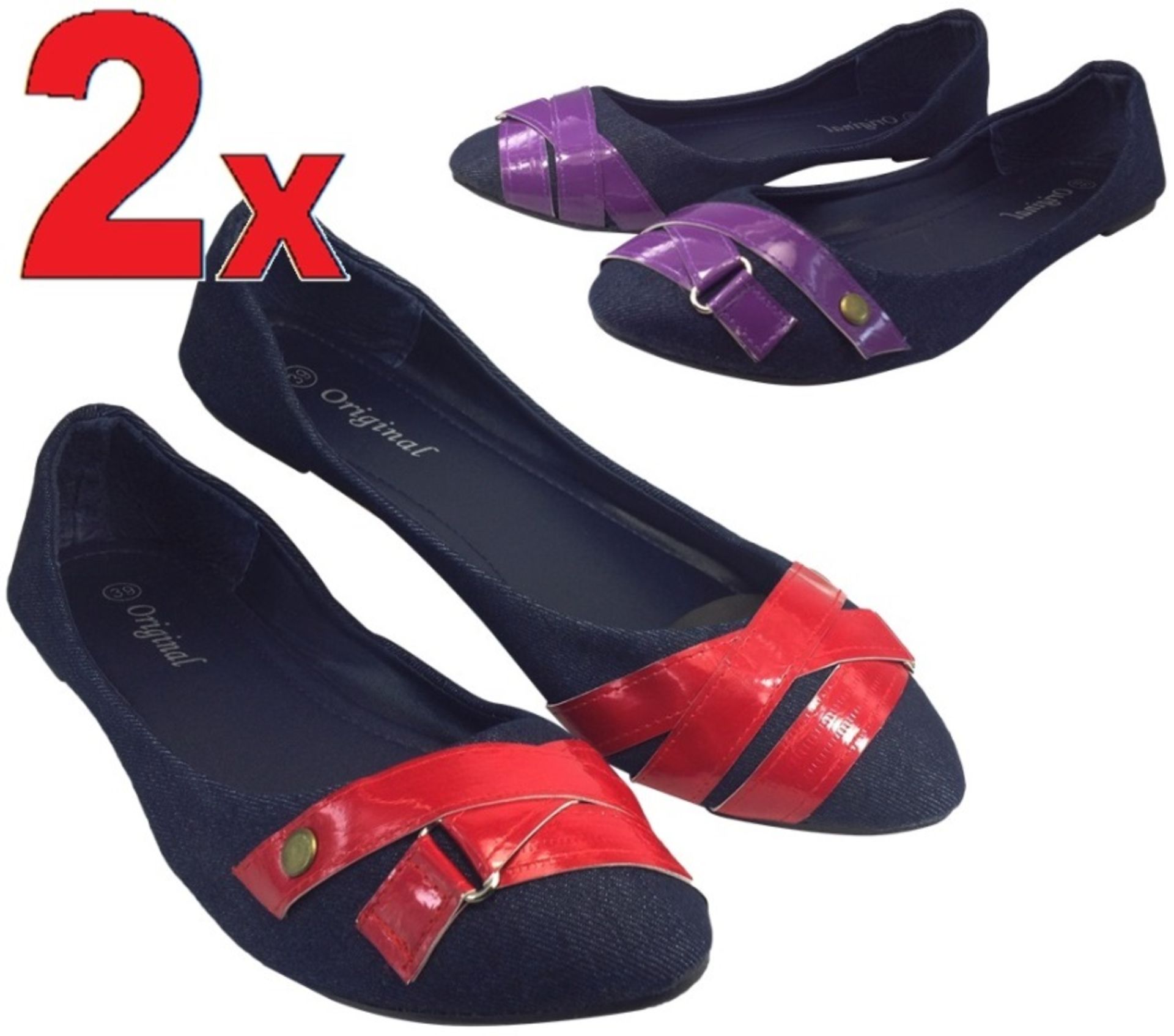 2x Ladies Dolly Flat Shoes - Denim Blue Colour Design for Summer Holiday Office with Red & Purple