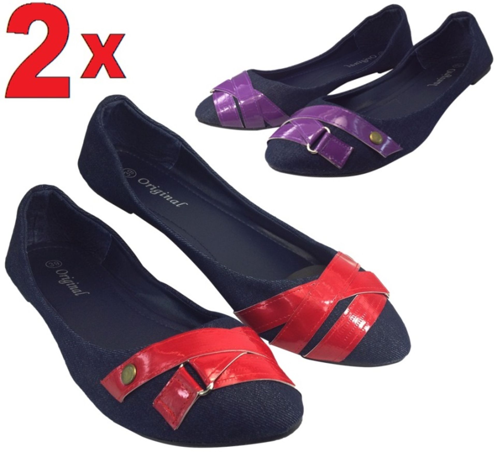2x Ladies Dolly Flat Shoes - Denim Blue Colour Design for Summer Holiday Office with Red & Purple