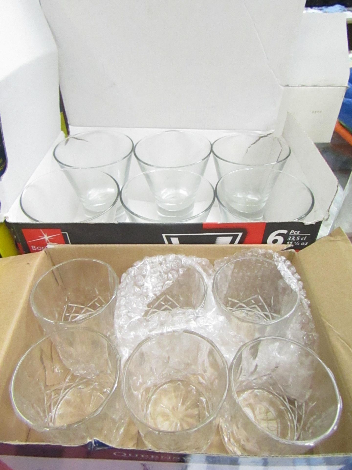 1 x Bormioli 6 piece 33cl Glass Set boxed & 1 x Queensway 6 piece Whiskey Tumbler set boxed (no