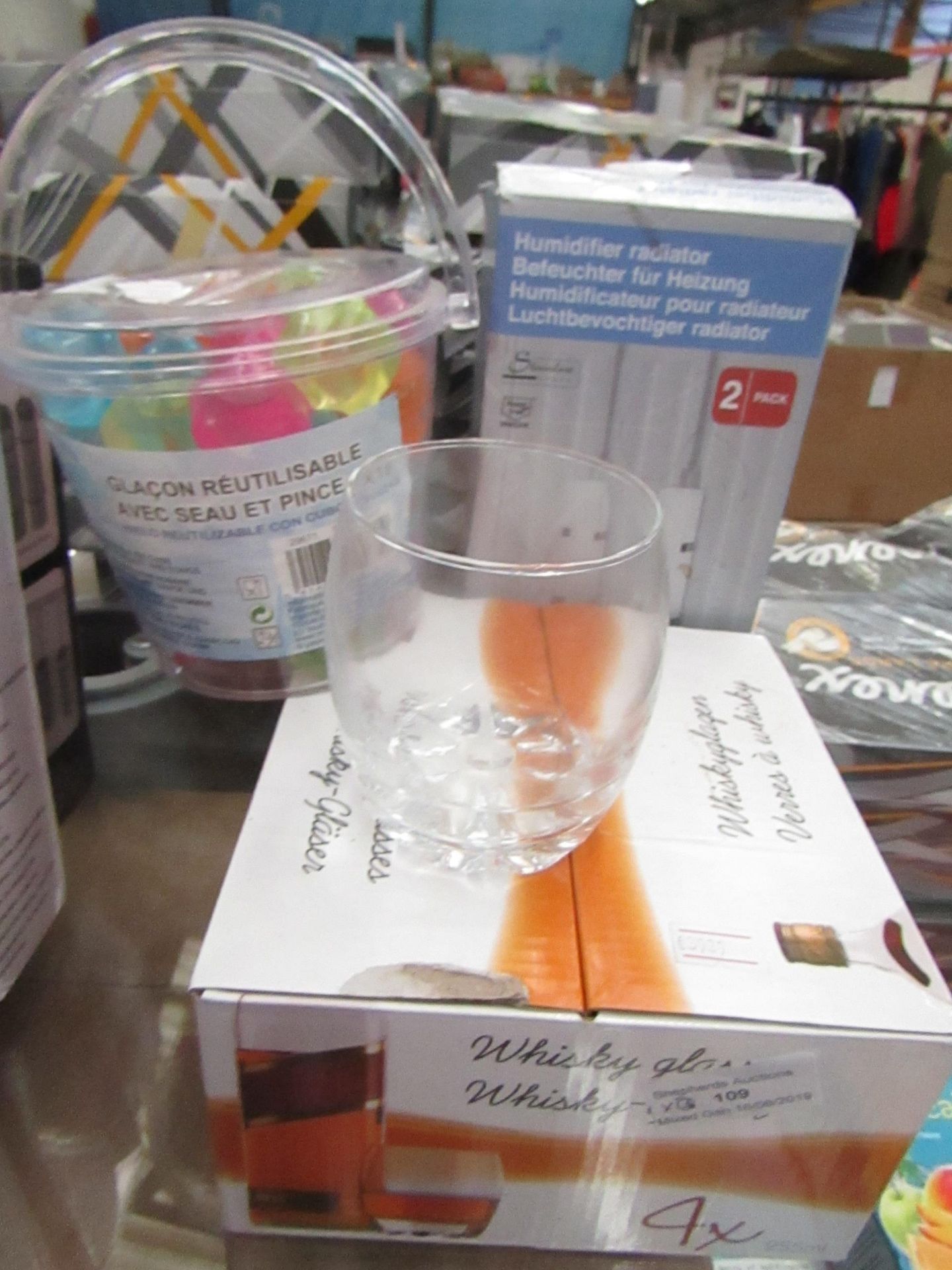 3 items being Set of 4 255 ml Whiskey Glasses boxed, 18 Reusable Ice Cubes & bucket & 2 pack