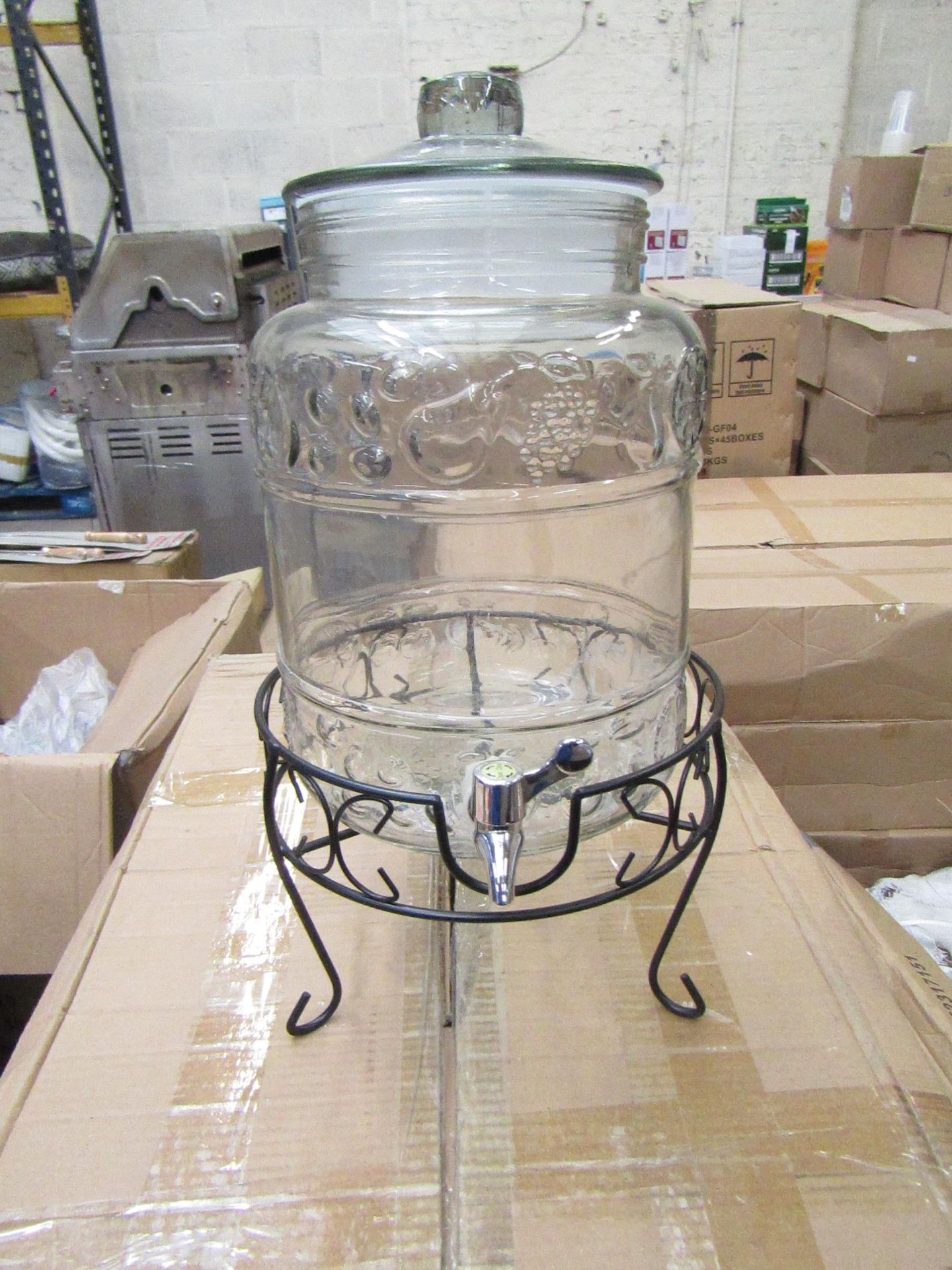 Large Glass Beverage Jar with tap and Metal Stand new