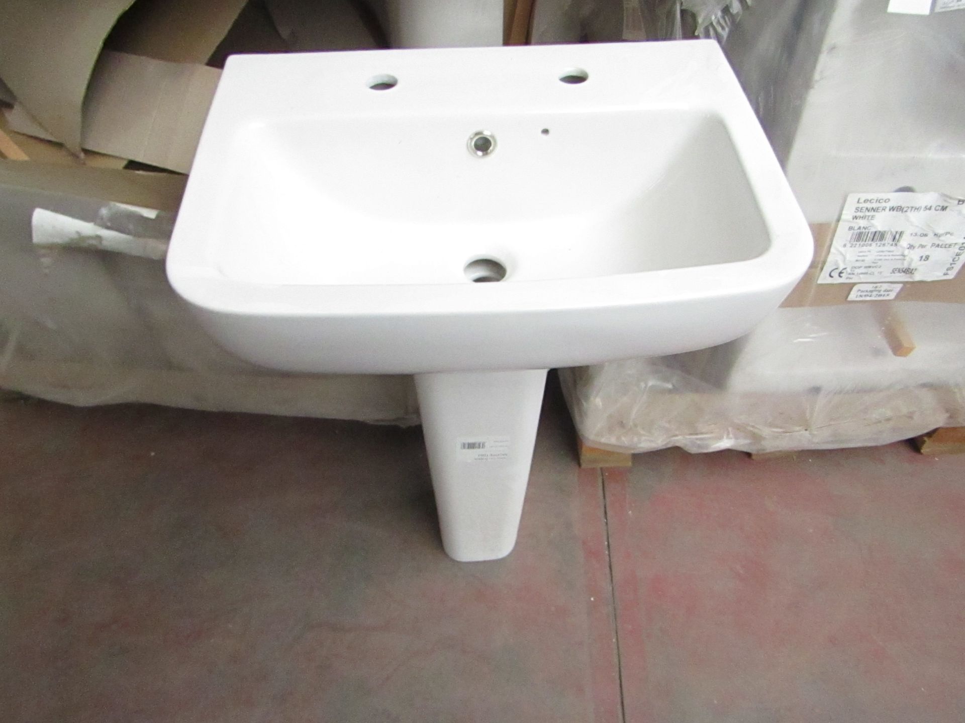 Lecico Senner 2 tap hole basin 54cm with neroli full pedestal that appears to fit the basin, unused