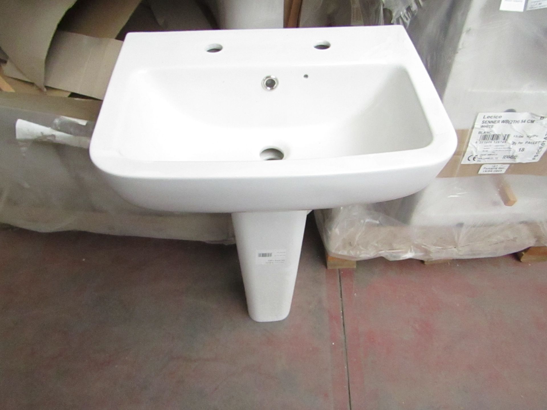 Lecico Senner 2 tap hole basin 60cm with neroli full pedestal that appears to fit the basin, unused