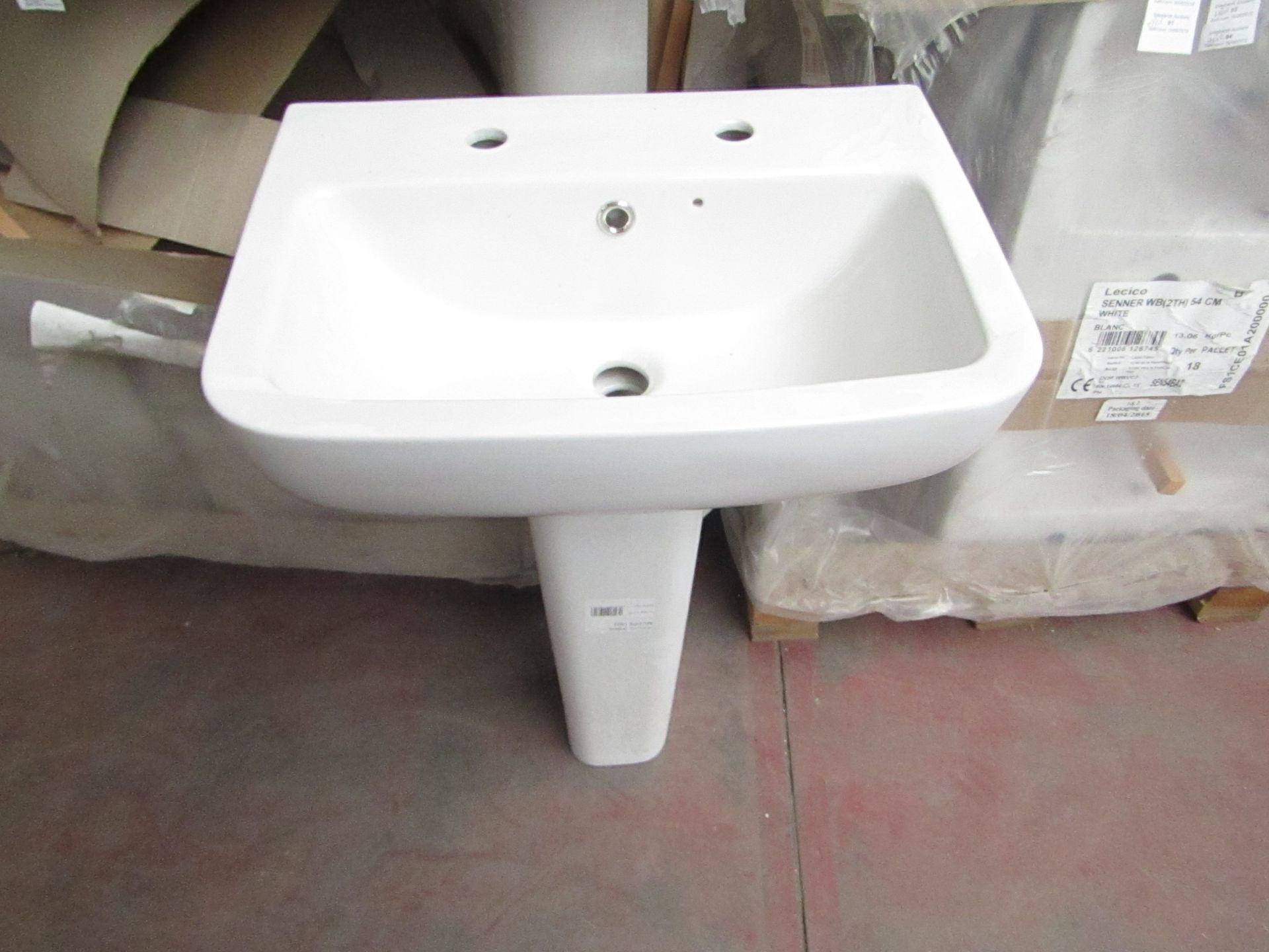 Lecico Senner 2 tap hole basin 60cm with neroli full pedestal that appears to fit the basin, unused