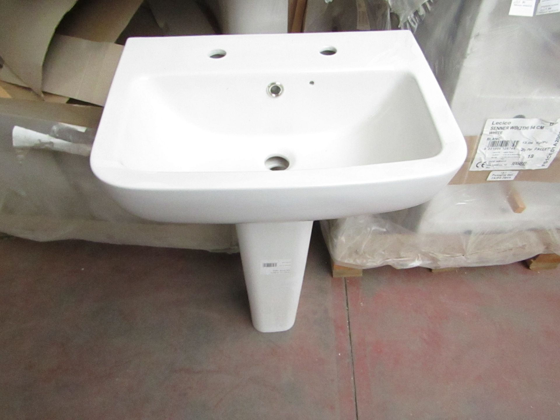 Lecico Senner 2 tap hole basin 54cm with neroli full pedestal that appears to fit the basin, unused