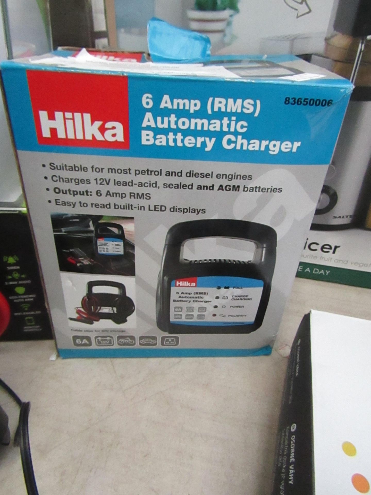 Hilka 6 amp automatic battery charger, untested and boxed.