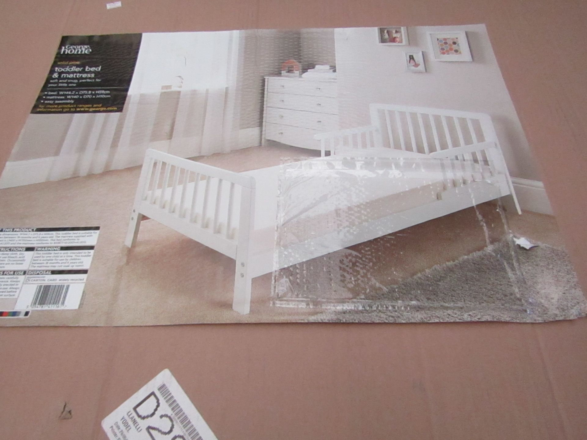 George Home White solid pine Toddler Bed and mattress, 145 x 76 x 59cm, unchecked and boxed.