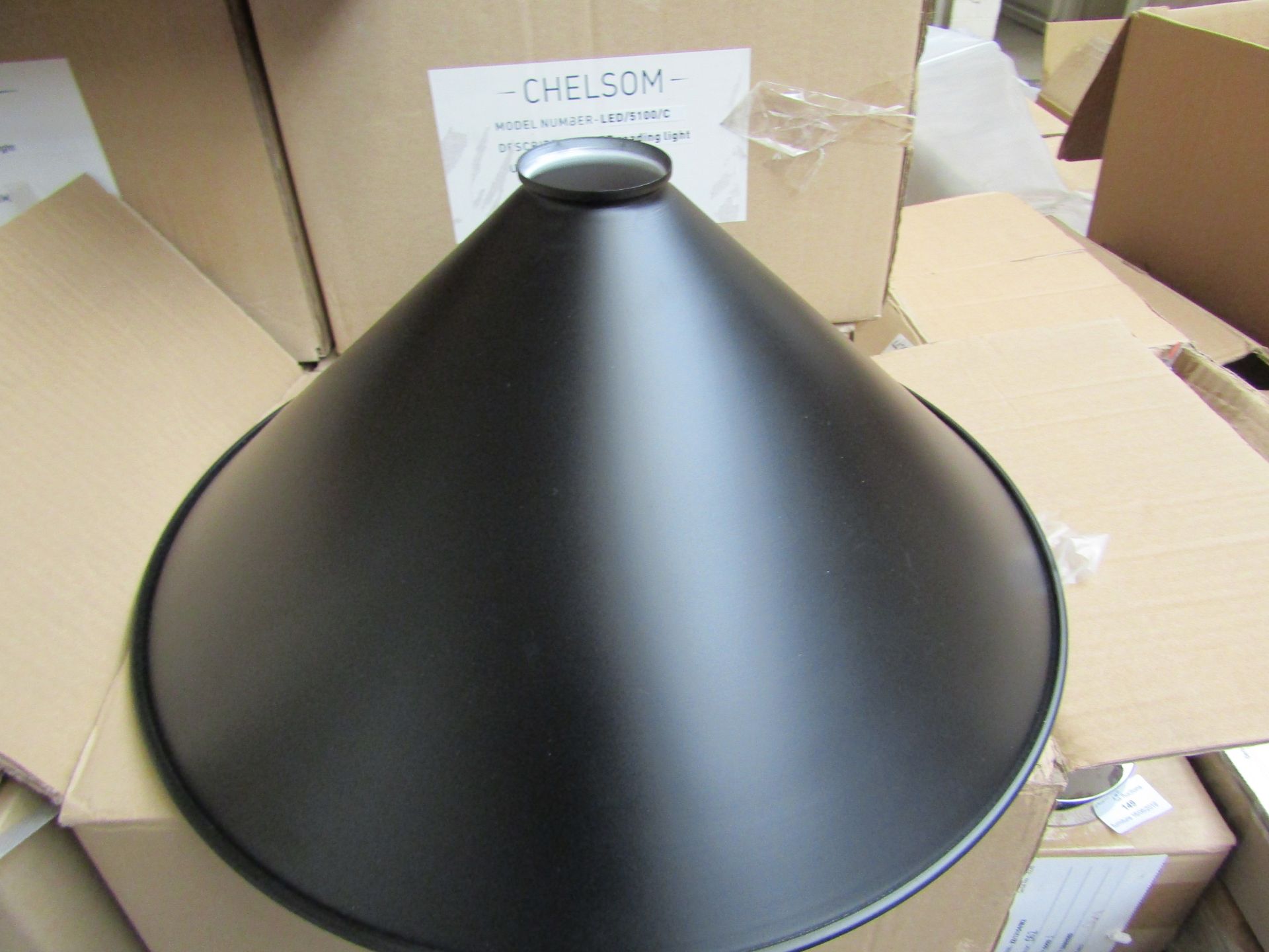 4x Chelsom Black metal pendant light shades with white linings, unused