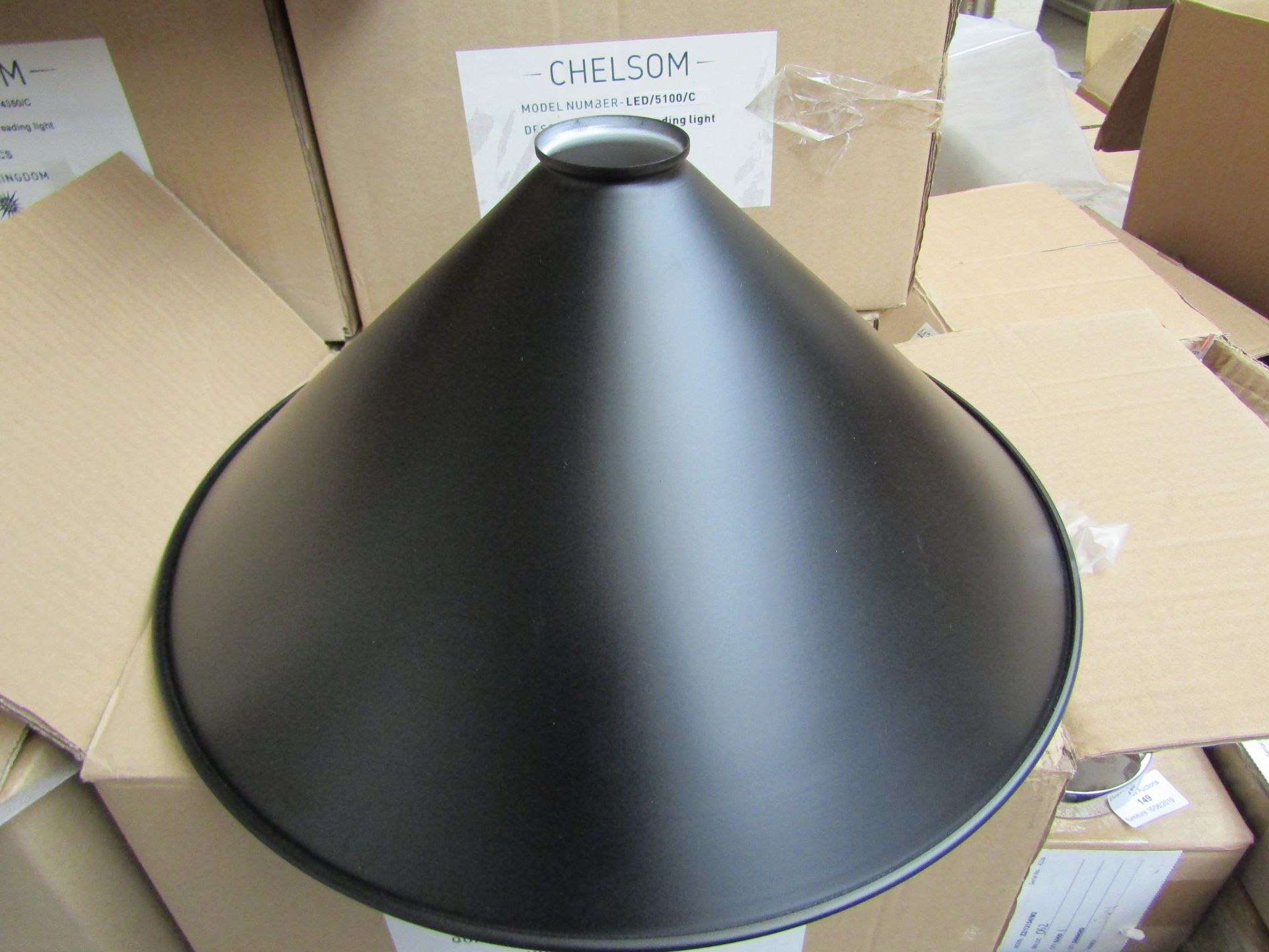 4x Chelsom Black metal pendant light shades with white linings, unused