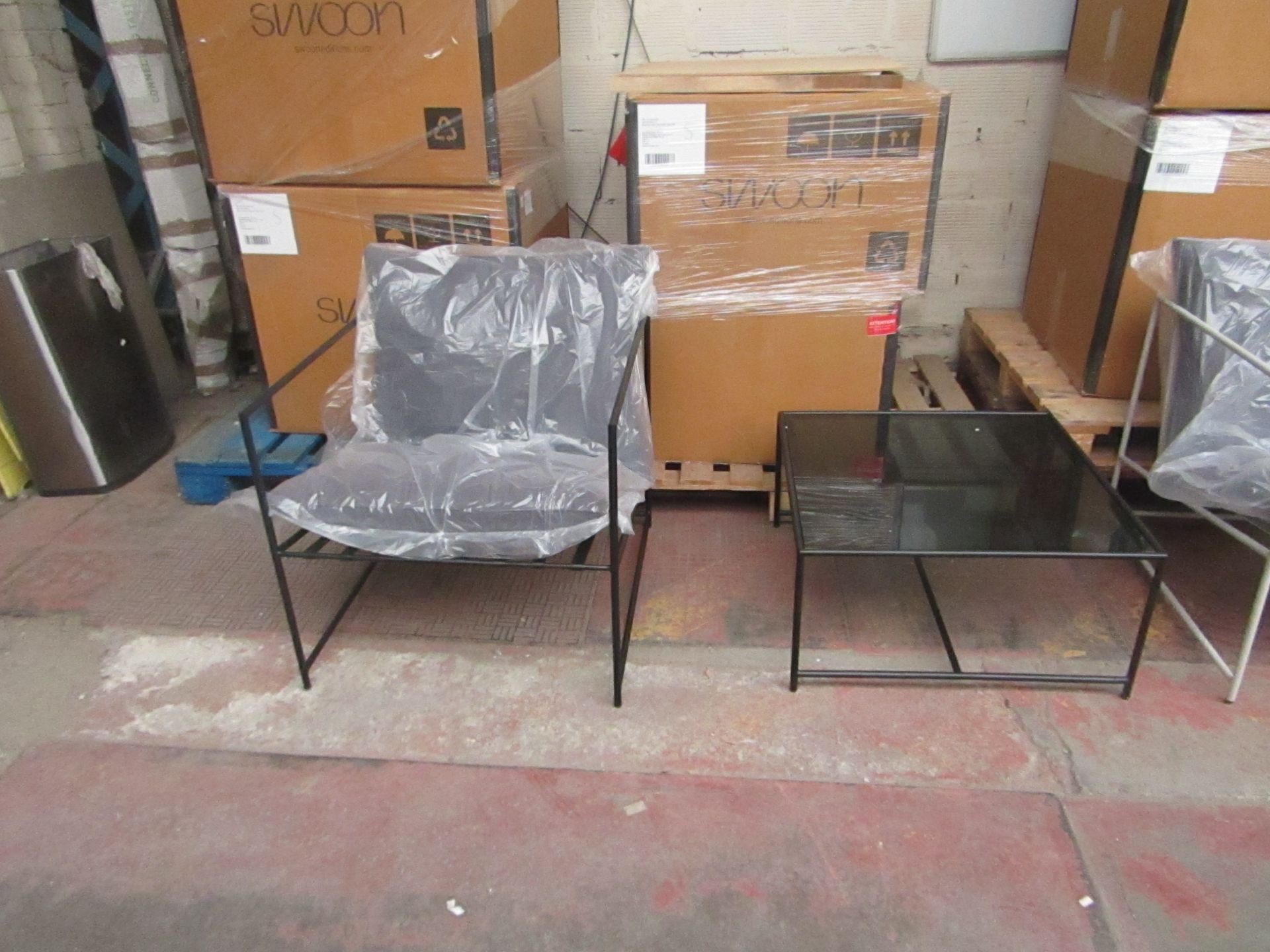 Swoon Kennington Garden set that includes 2 Matt Black Chairs with cushions and a Matt Black