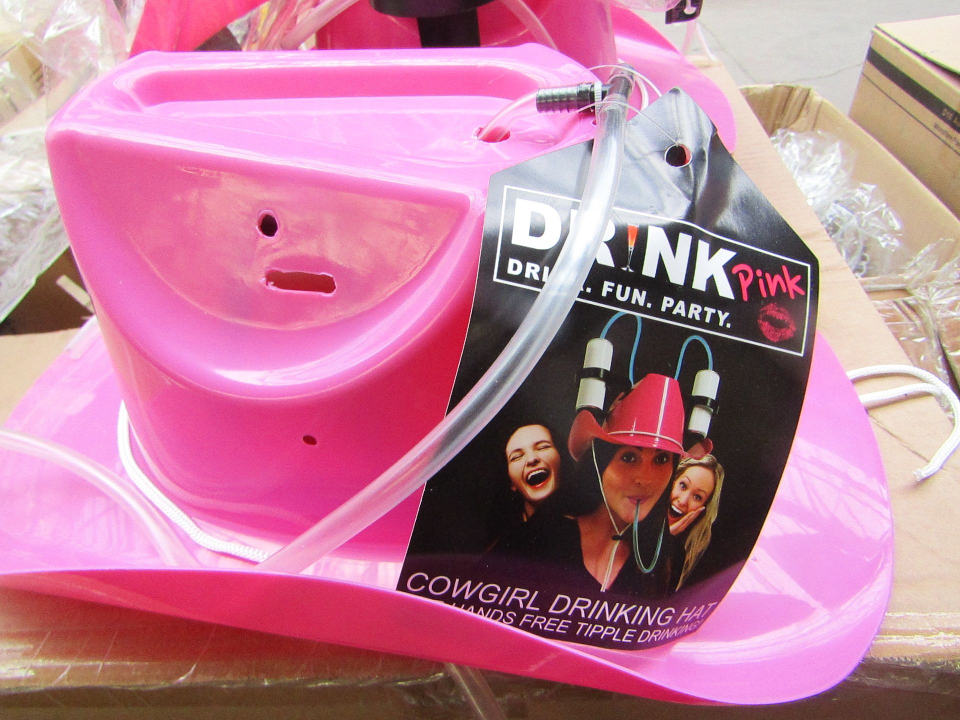 6 x Drink Pink cowgirl drinking hats, all new and packaged.