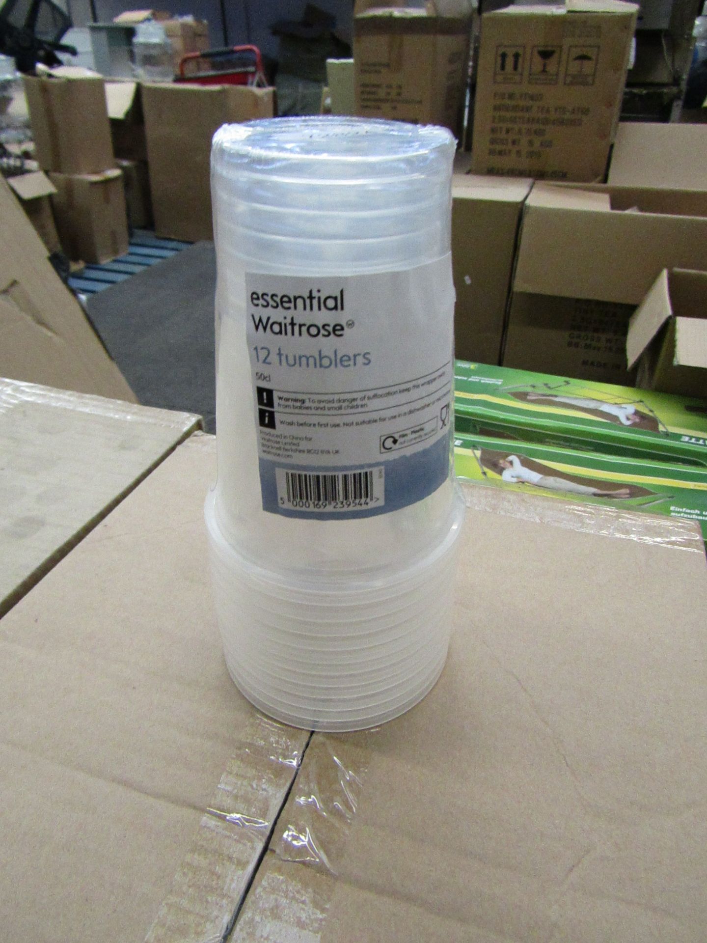 Box of 12 x 12(144 in total) 50cl Waitrose plastic tumblers,perfect for BBQ's,new in packaging
