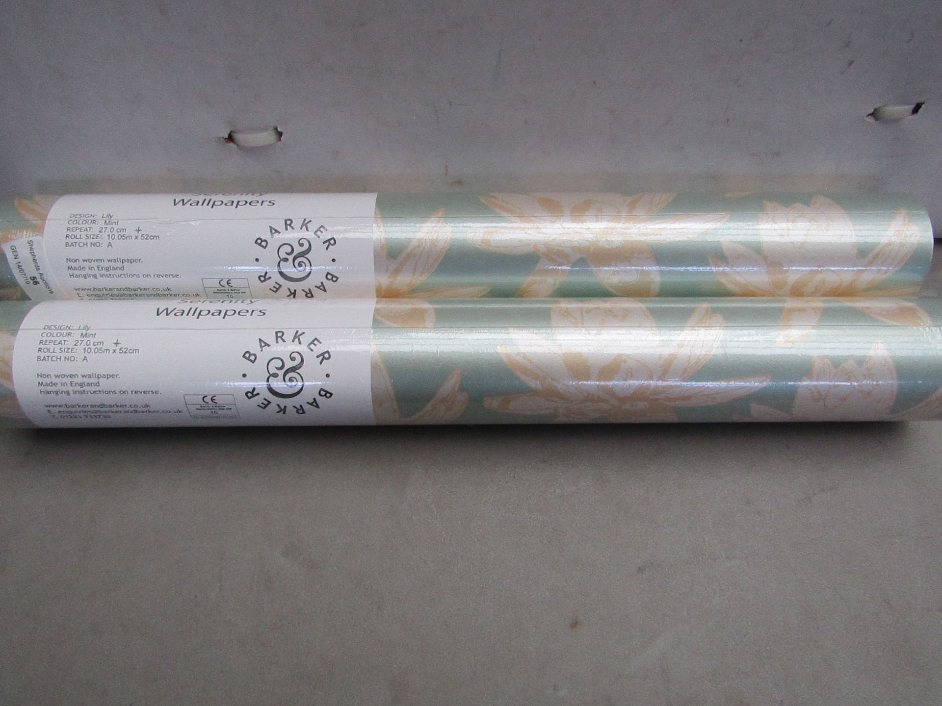 2 X Rolls Of Barker & Barker Serenity Wallpaper, Lily , Mint Repeat Pattern 27.00CM roll size 10.5 X