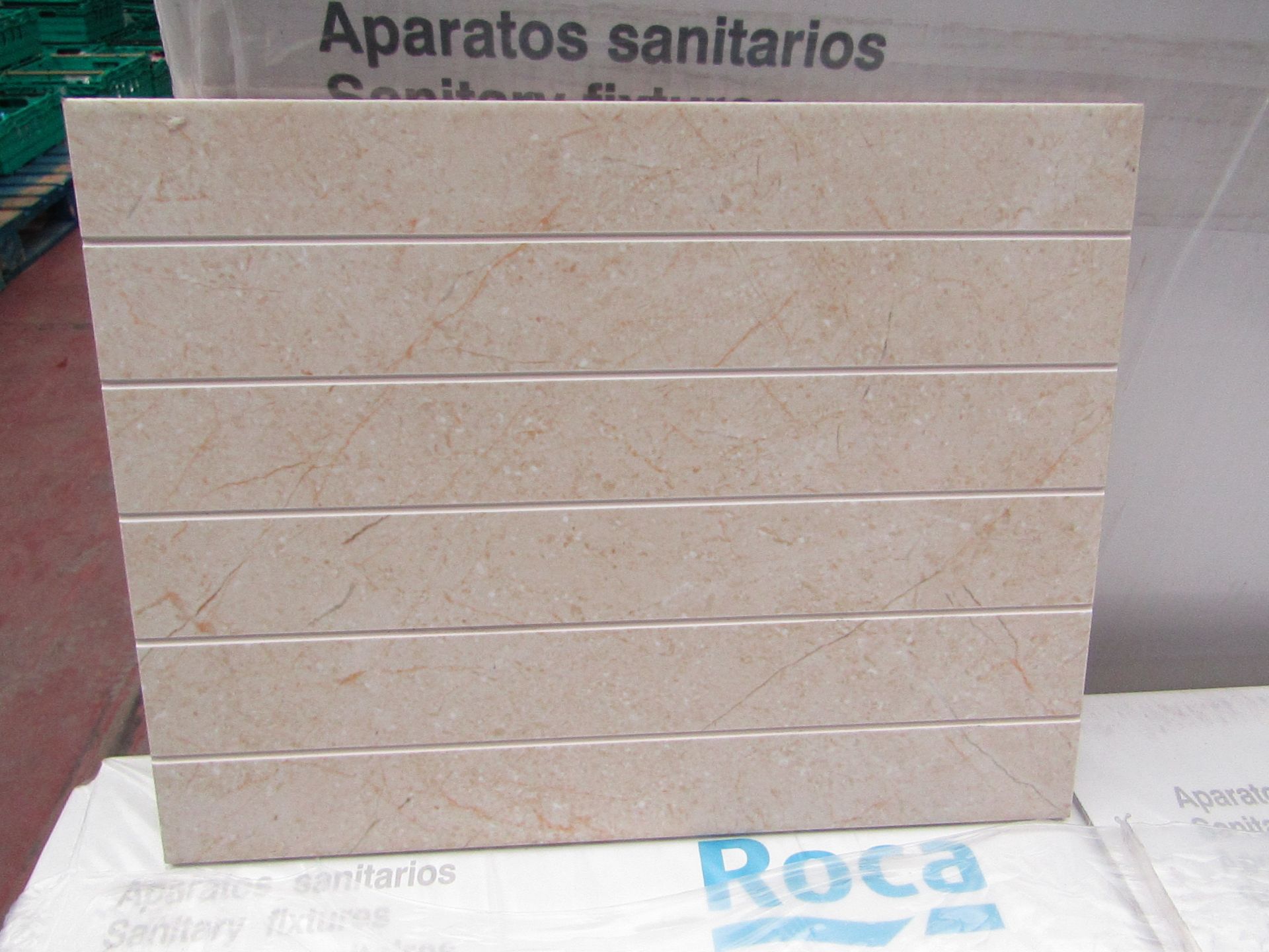 A Pallet containing 24 Packs of 10, Wickes 360x275 Crema Marfil satin Scored wall tiles, RRP £16.