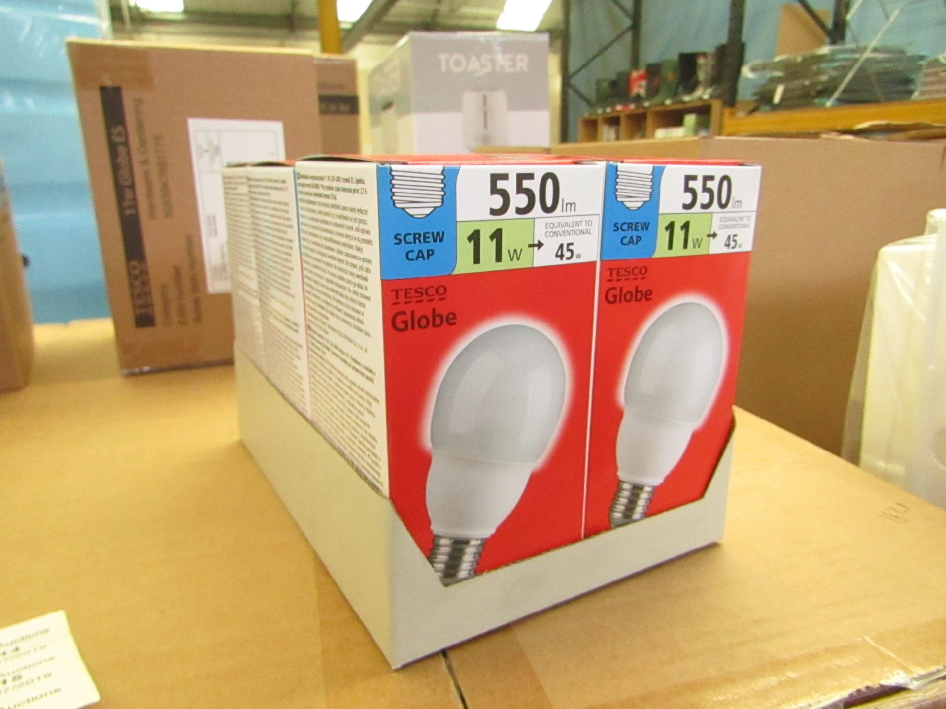 6 x Tesco Globe 11w screw cap light bulbs,lasts 10 years,new in boxes