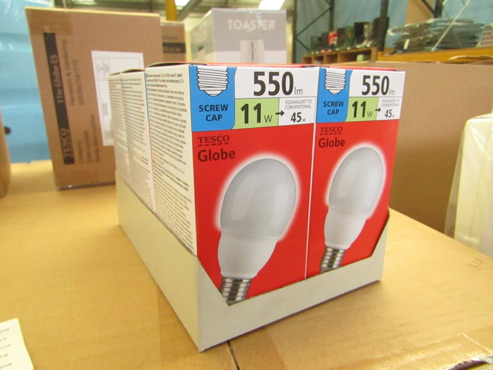 6 x Tesco Globe 11w screw cap light bulbs,lasts 10 years,new in boxes