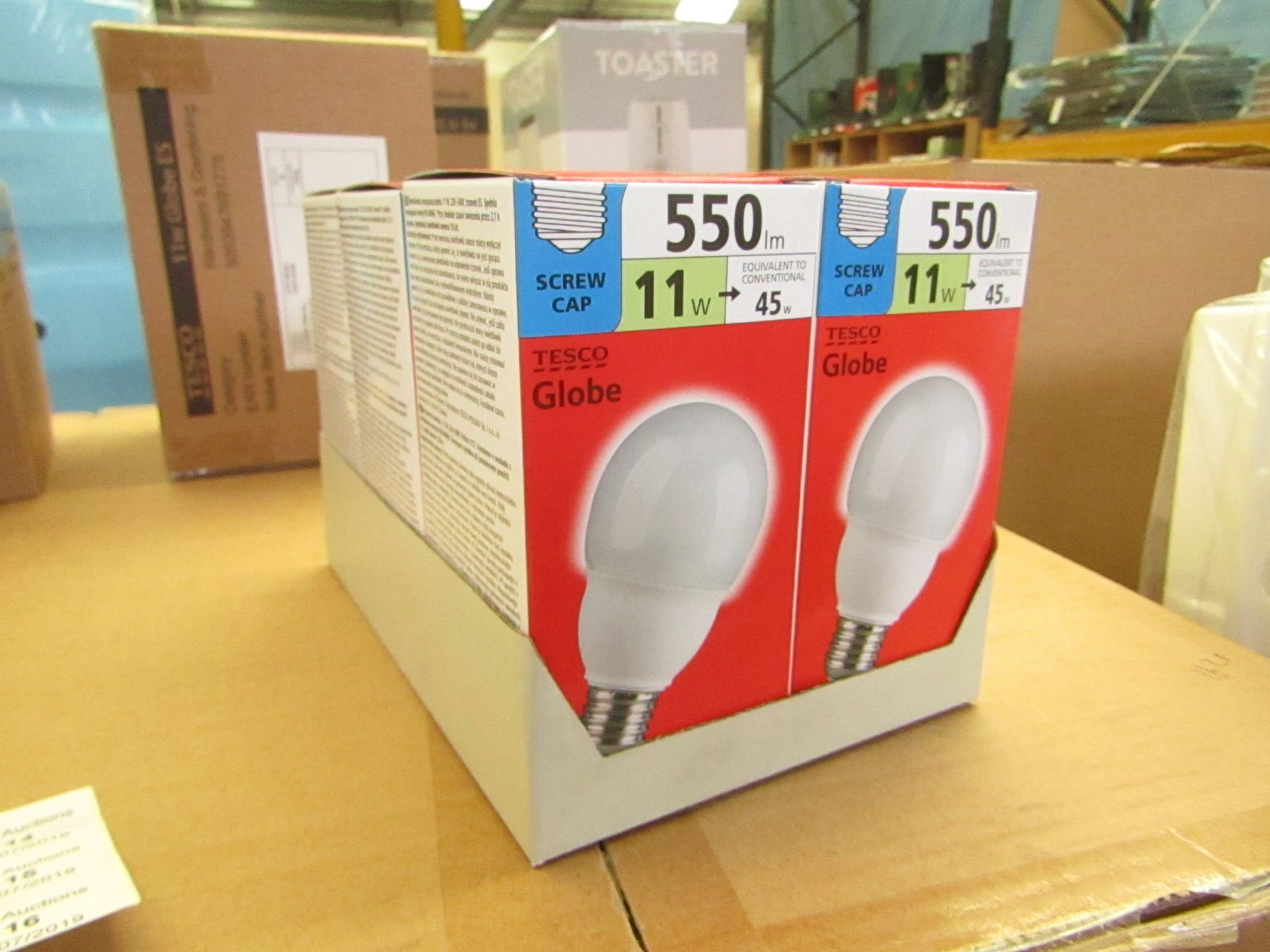 6 x Tesco Globe 11w screw cap light bulbs,lasts 10 years,new in boxes