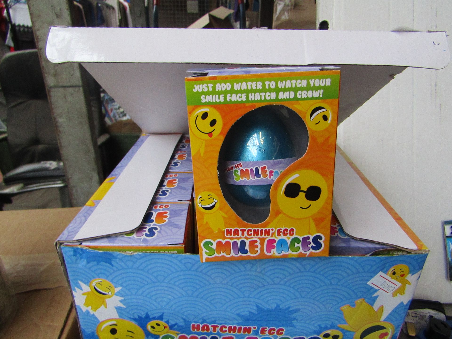 Display box of 12x Hatchin' Egg Smile Faces, new and boxed.