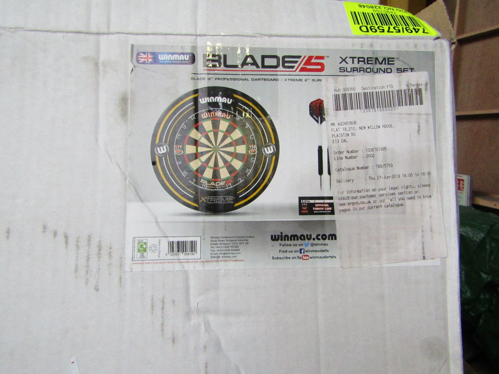 Winmau Blade 5 professional dartboard, unchecked and boxed.