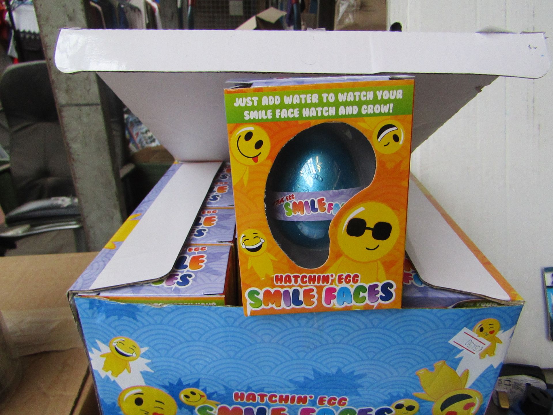 Display box of 12x Hatchin' Egg Smile Faces, new and boxed.