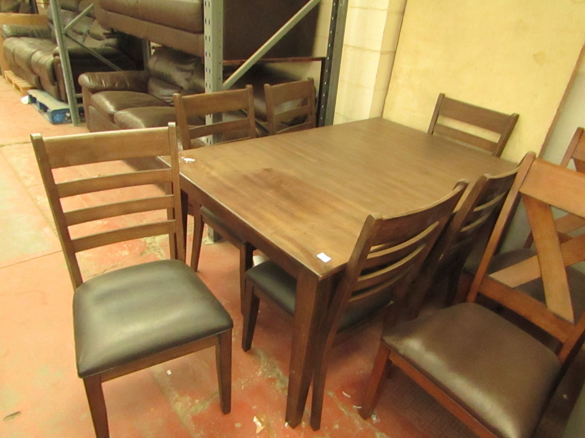 Bayside Furnishings extending dining table with 6 chairs, no major damage, a few scuffs on chairs