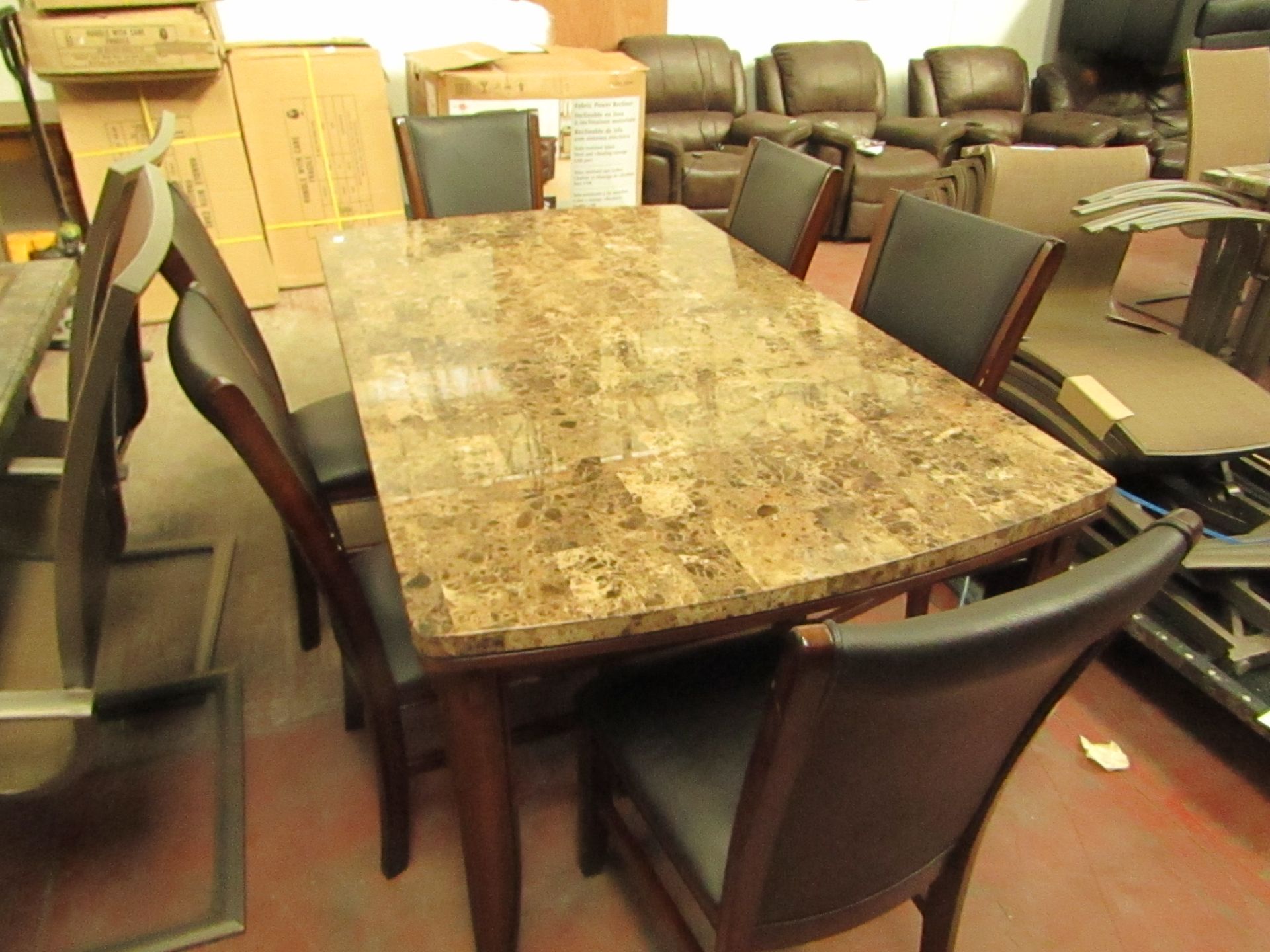 Costco Bayside furnishing stone topped dinign table with 6 dining chairs, there is damade to the