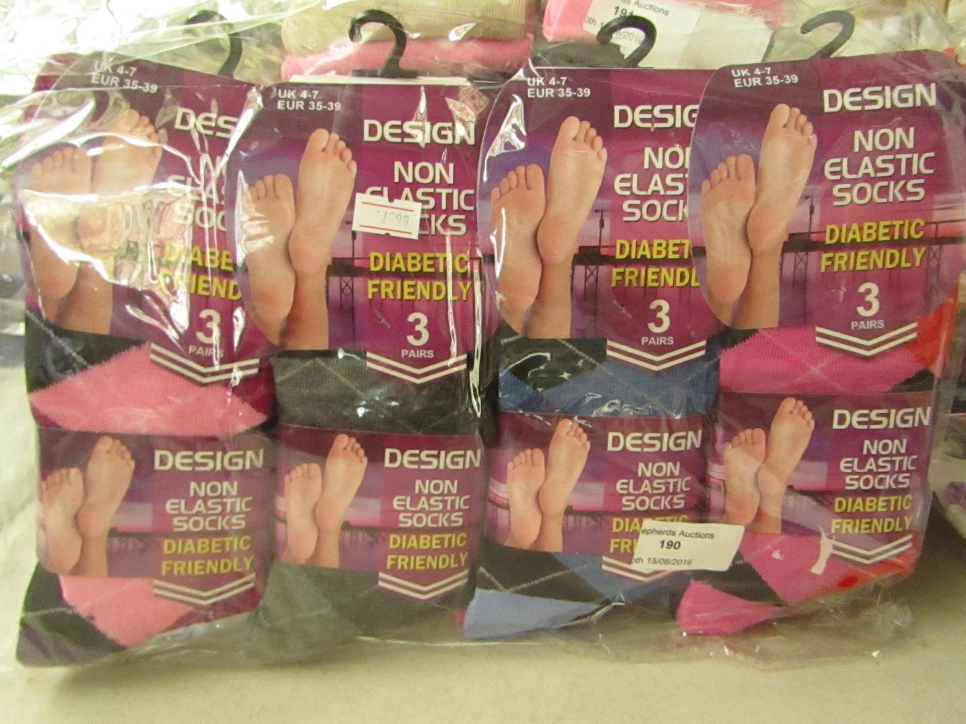 12 x pairs of Ladies Design Non Elastic Diabetic Socks size 4-6 new & packaged