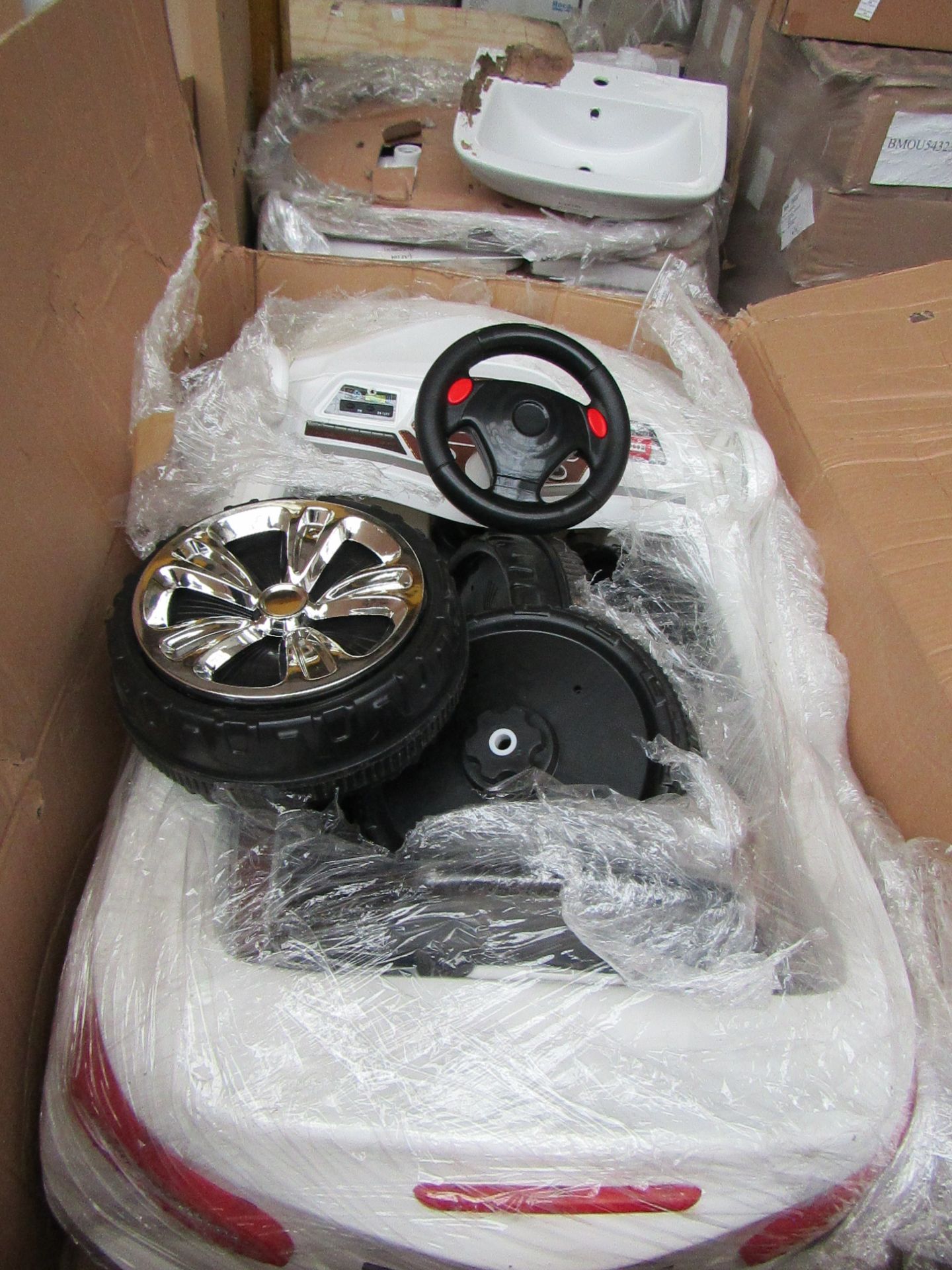 Childs White Mercedes Style Electric ride on car, boxed and unchecked, please note the picture is